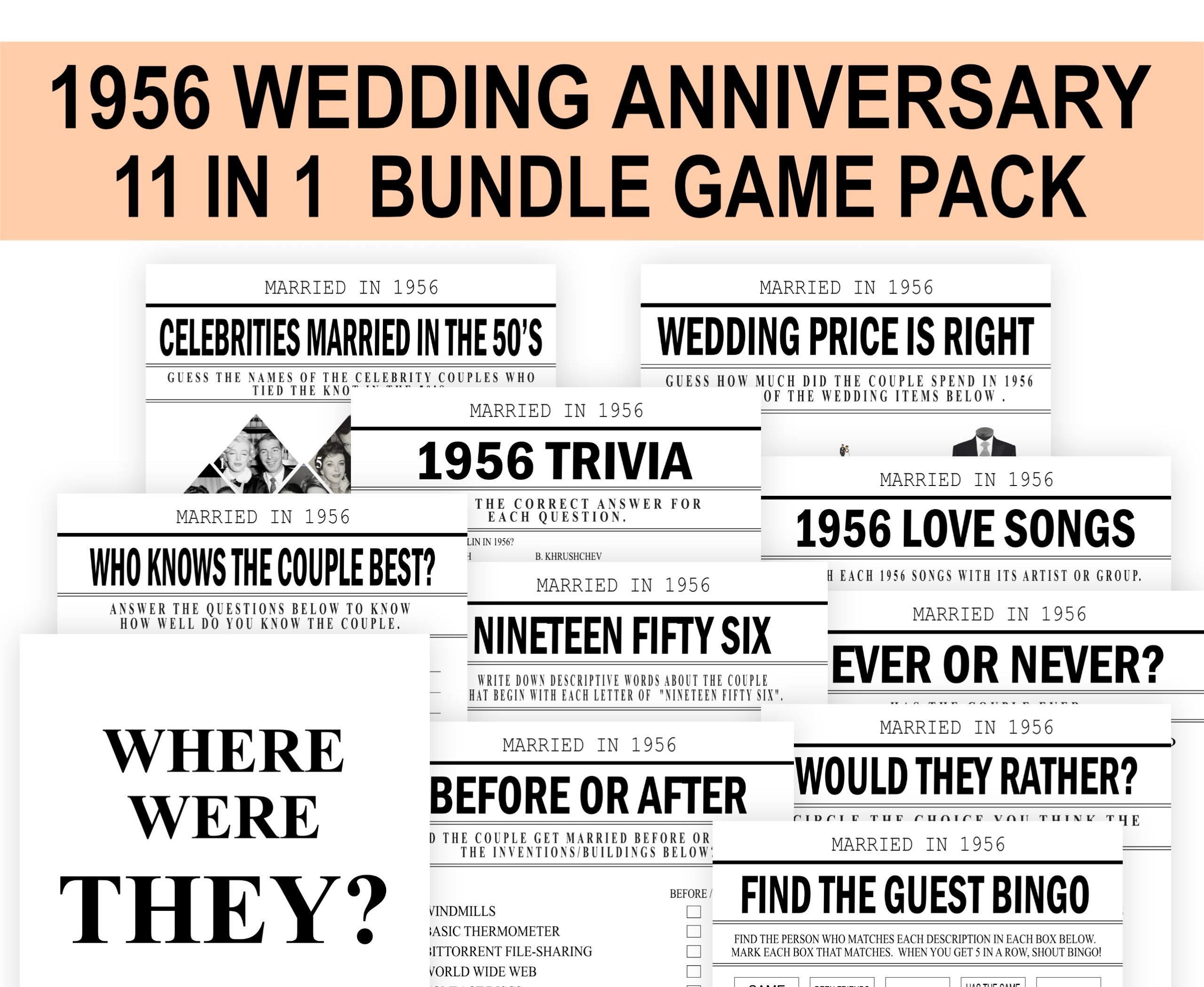 ANNIVERSARY 67th Wedding Anniversary Games Married in 1956 Game Bundle Pack – PRINTABLE 1956 Anniversary Games