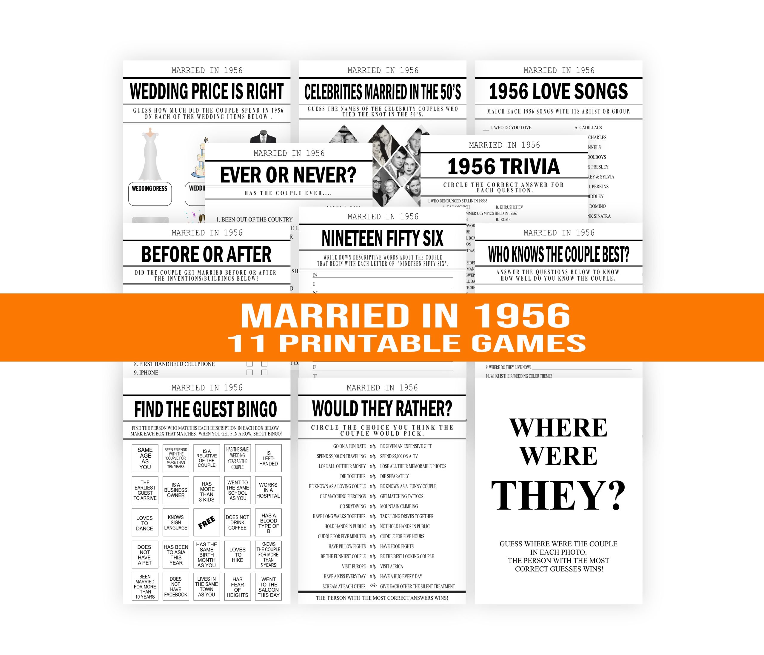 Anniversary Games Married in 1956 Wedding Anniversary Games Bundle – Printable 1956 Anniversary Games