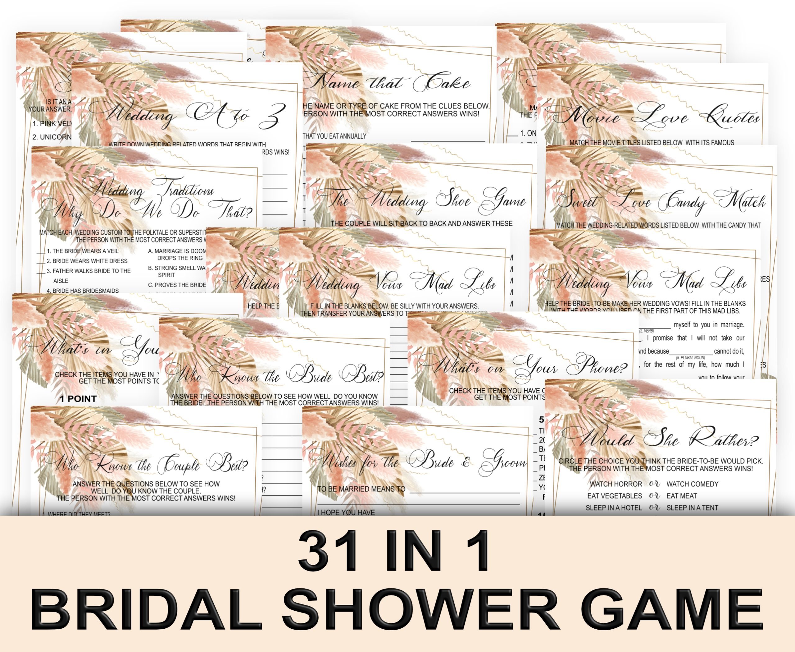 Bridal Shower Games Boho Theme Pampas Grass Bridal Shower Games Bundle Bohemian Boho Theme Bridal Shower Games