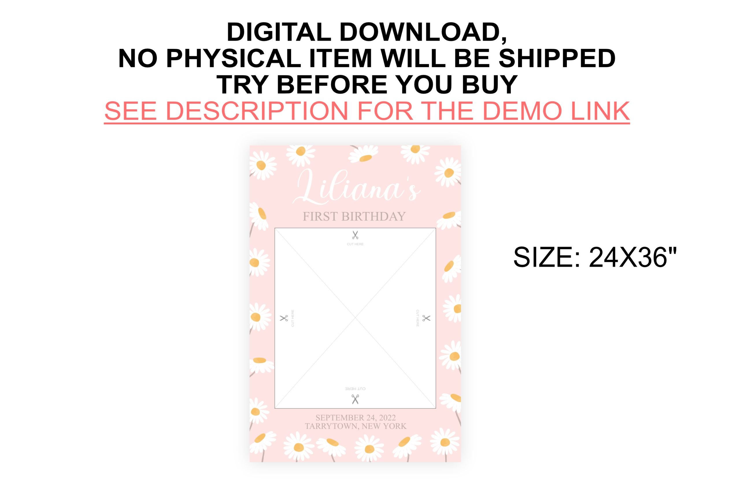 DECOR | SIGNS Editable Daisy Birthday Girl Photo Booth Frame, Pink White Daisy Boho Party, DIY Selfie Frame Corjl Template for Photo Prop