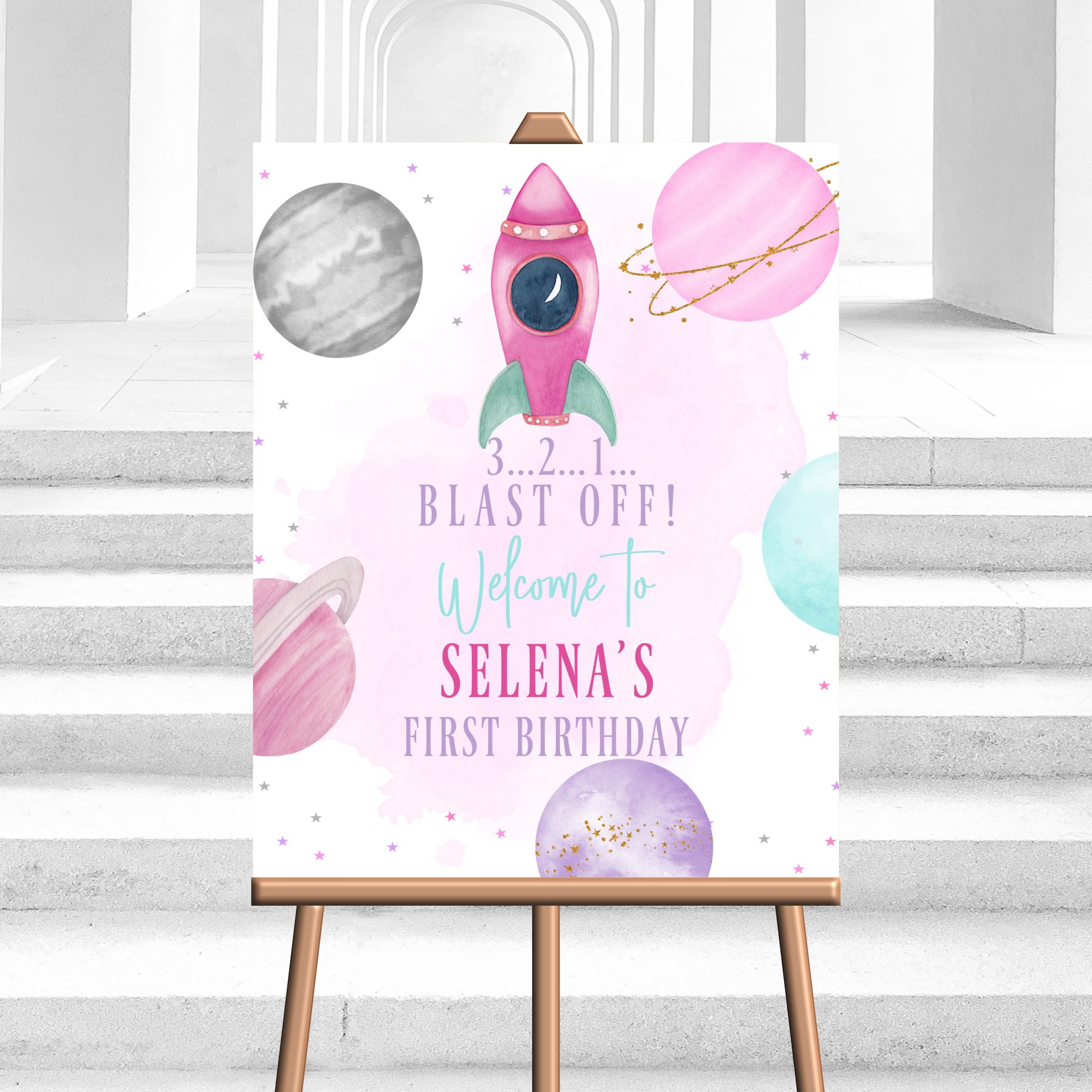DECOR | SIGNS Editable Outer Space Rocket Birthday Welcome Sign – 1st Birthday Girl Blast Off Galaxy Pink Purple Planets Decor Sign 1st Birthday Girl