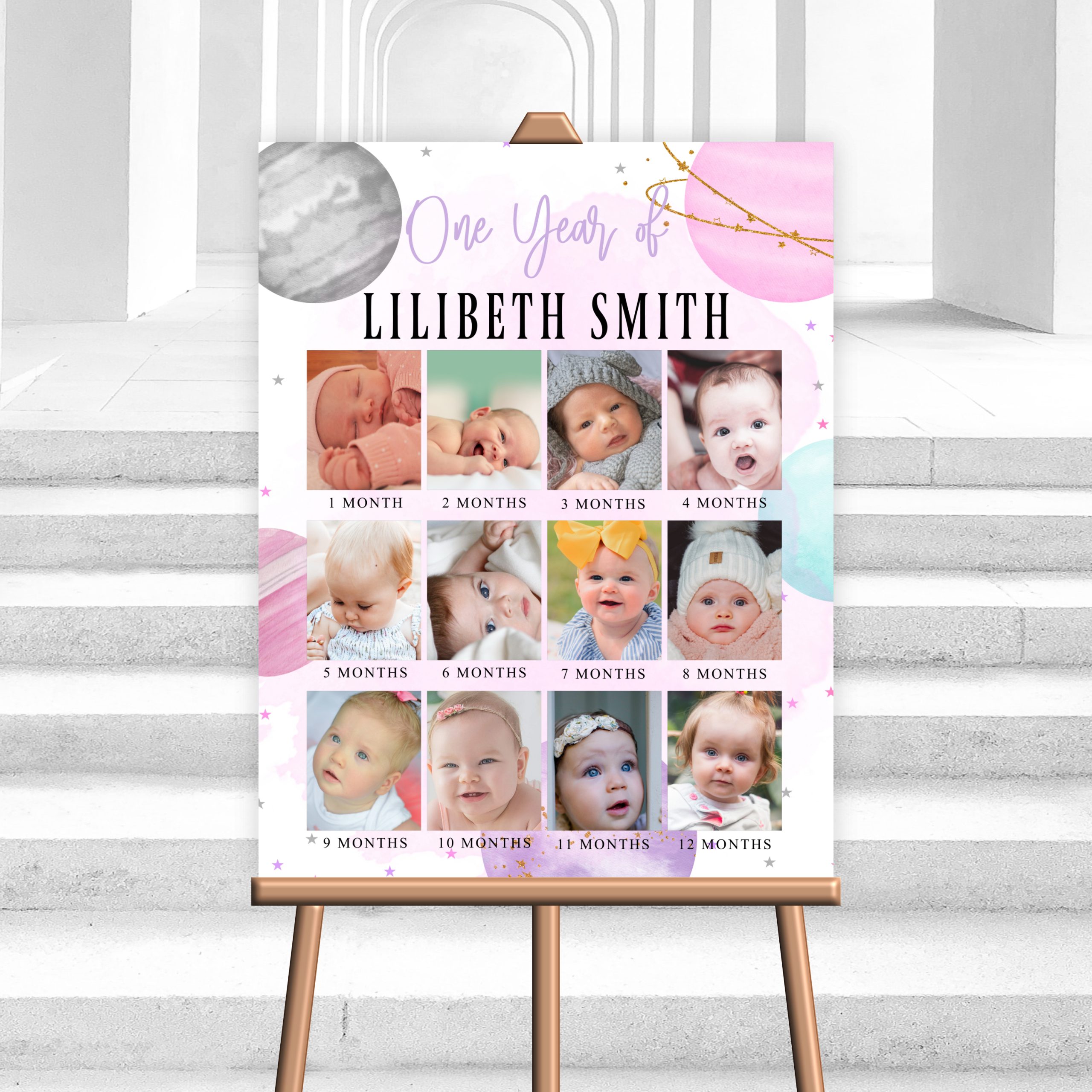 DECOR | SIGNS Editable Pink Space Baby’s First Year Poster, Milestone Galaxy Planet Pink, 1st Birthday Photo Collage, Digital PRINTABLE, Corjl Template 1st Birthday Photo Collage