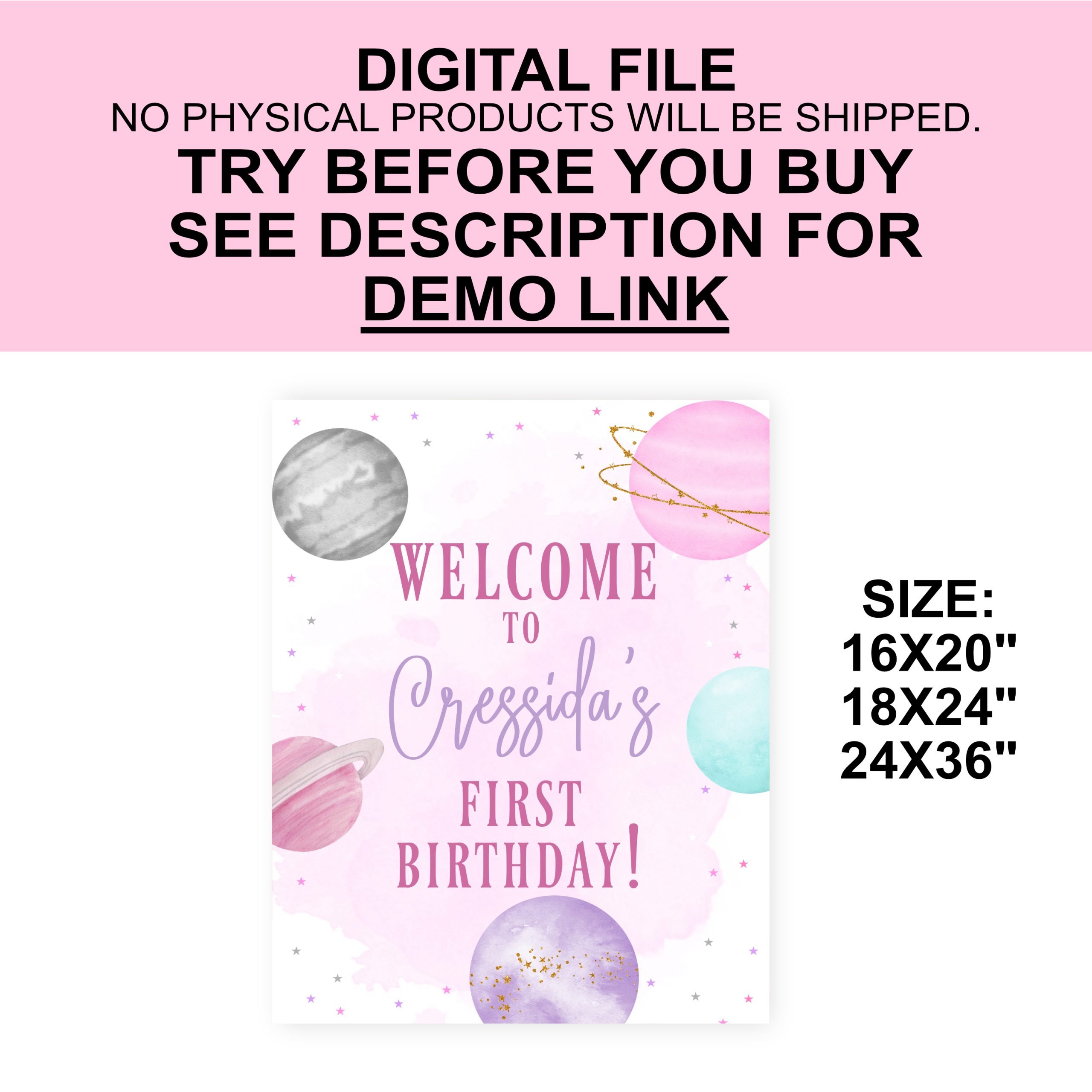 DECOR | SIGNS Editable Outer Space Birthday Welcome Sign – 1st Birthday Girl Out of This World Galaxy Pink Purple Planets Decor Sign 1st Birthday Girl