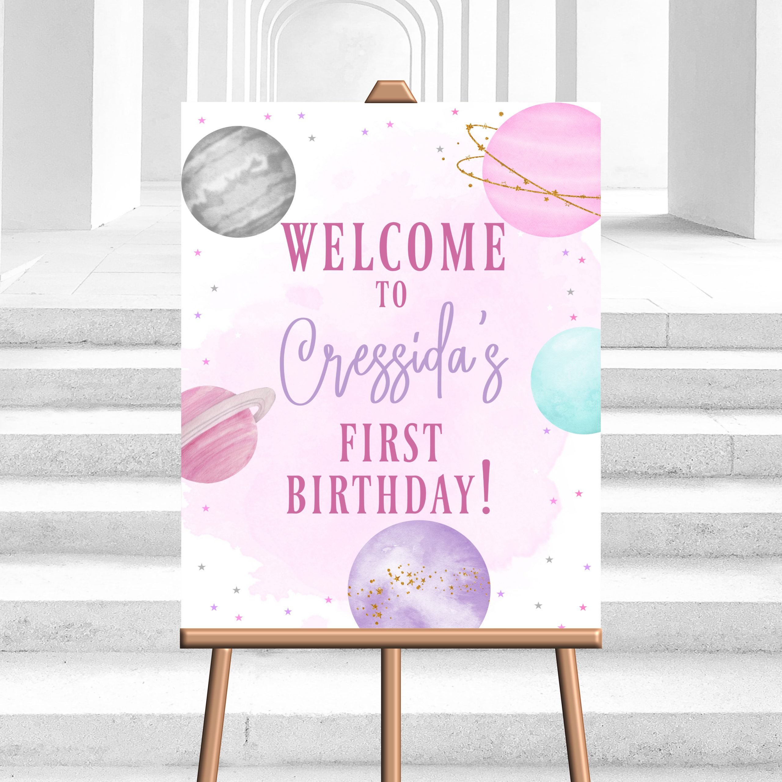 DECOR | SIGNS Editable Outer Space Birthday Welcome Sign – 1st Birthday Girl Out of This World Galaxy Pink Purple Planets Decor Sign 1st Birthday Girl