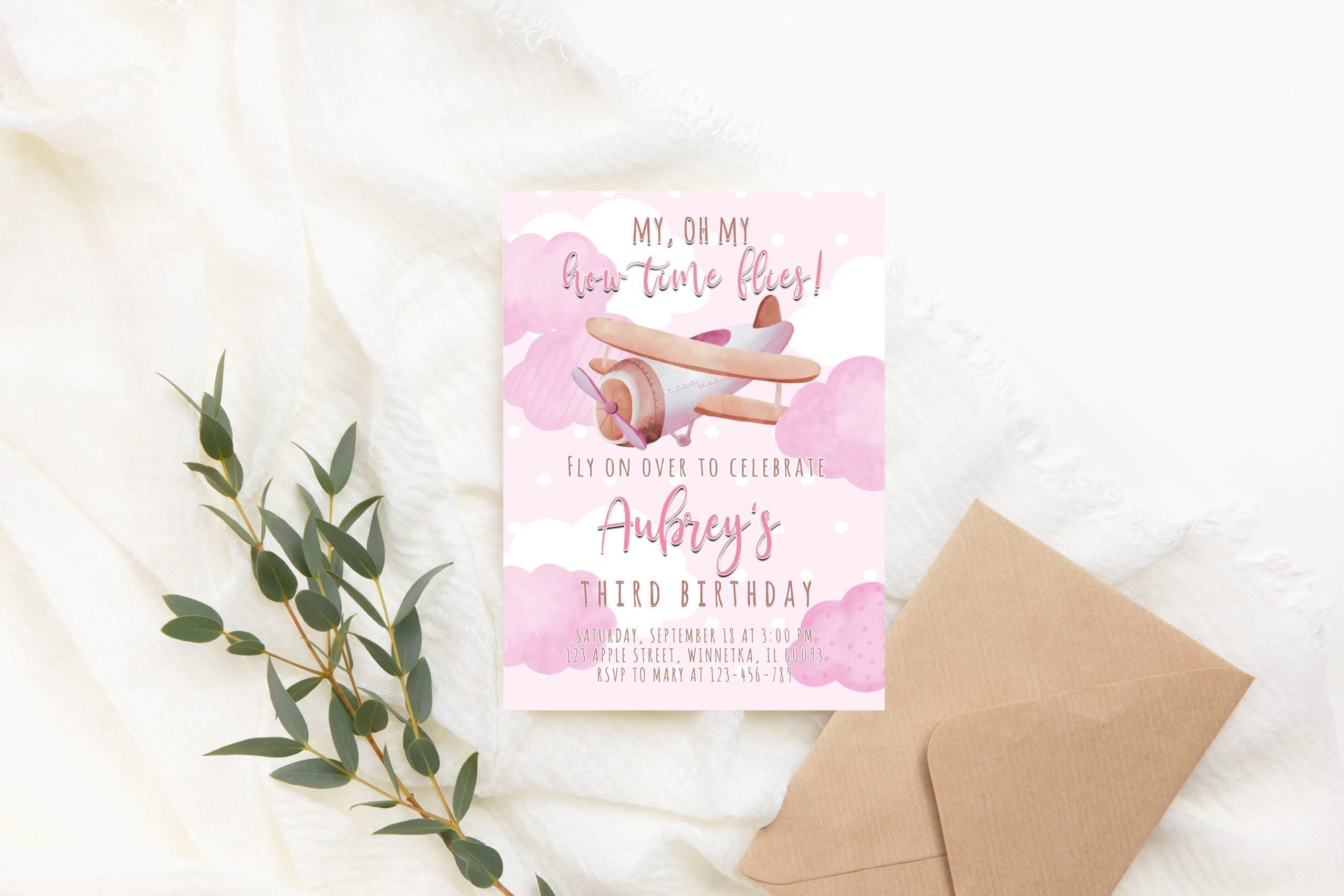 BIRTHDAY Pink Airplane Invitation | 5×7″ | Editable Corjl Template | My Oh My How Time Flies 5x7" invitation card