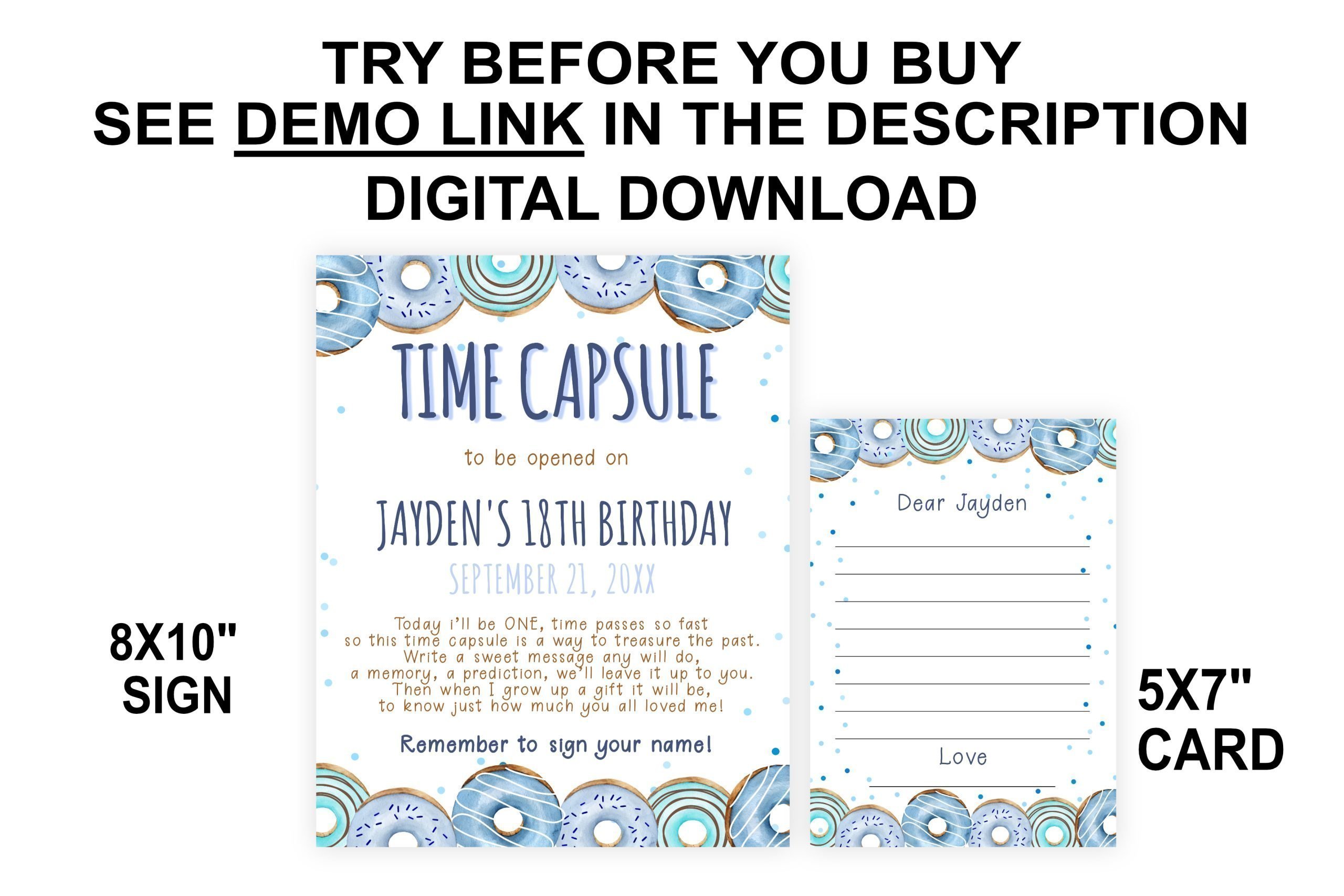 DECOR | SIGNS Editable Donut Time Capsule Sign and Note Card, Blue Donut Time Capsule Keepsake, 1st Birthday First Birthday Time Capsule Card, PRINTABLE Boy 1st Birthday Time Capsule Ideas
