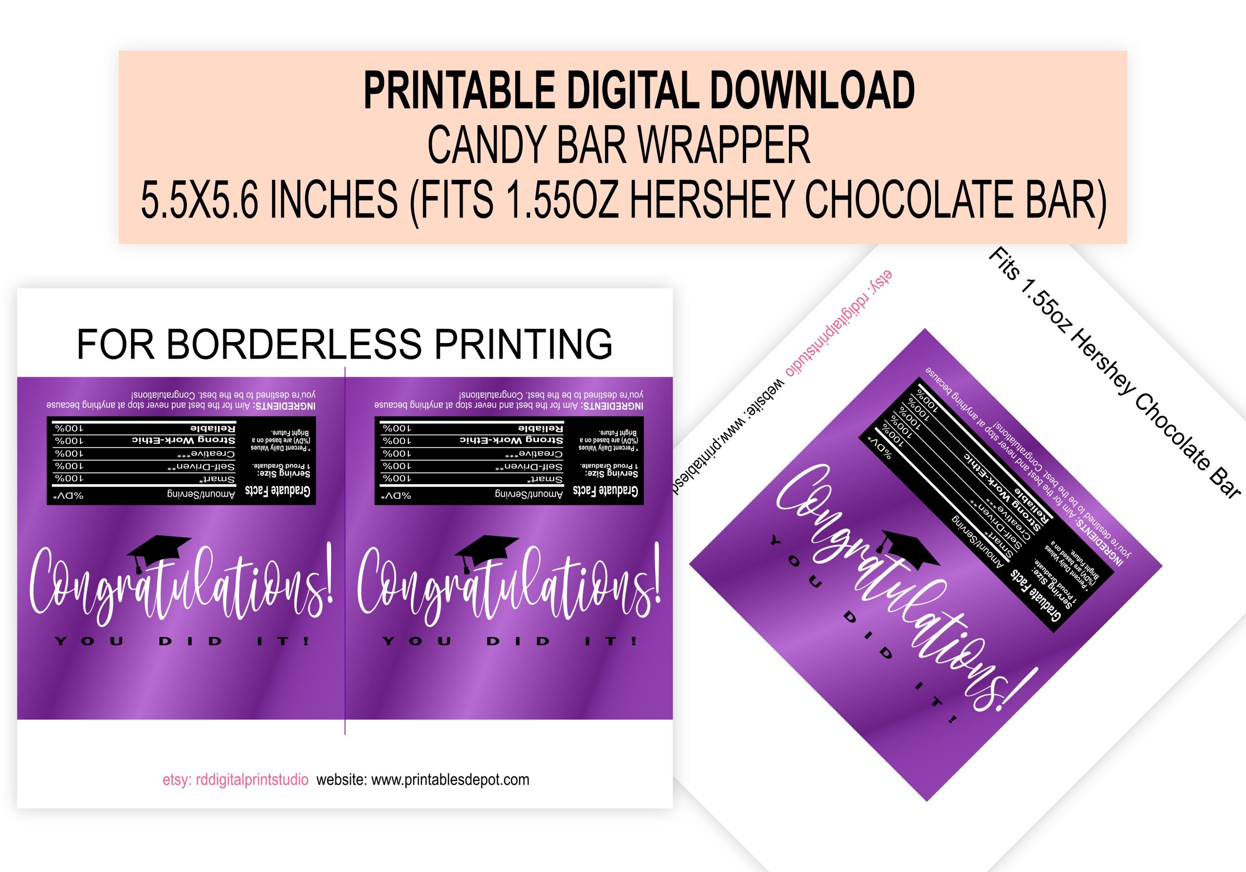 Candy Bar Wrapper Printable Graduation Day Candy Bar Wrapper – Purple Black Graduation Day Chocolate Bar Wrapper 8.5x11 Printable Wrapper
