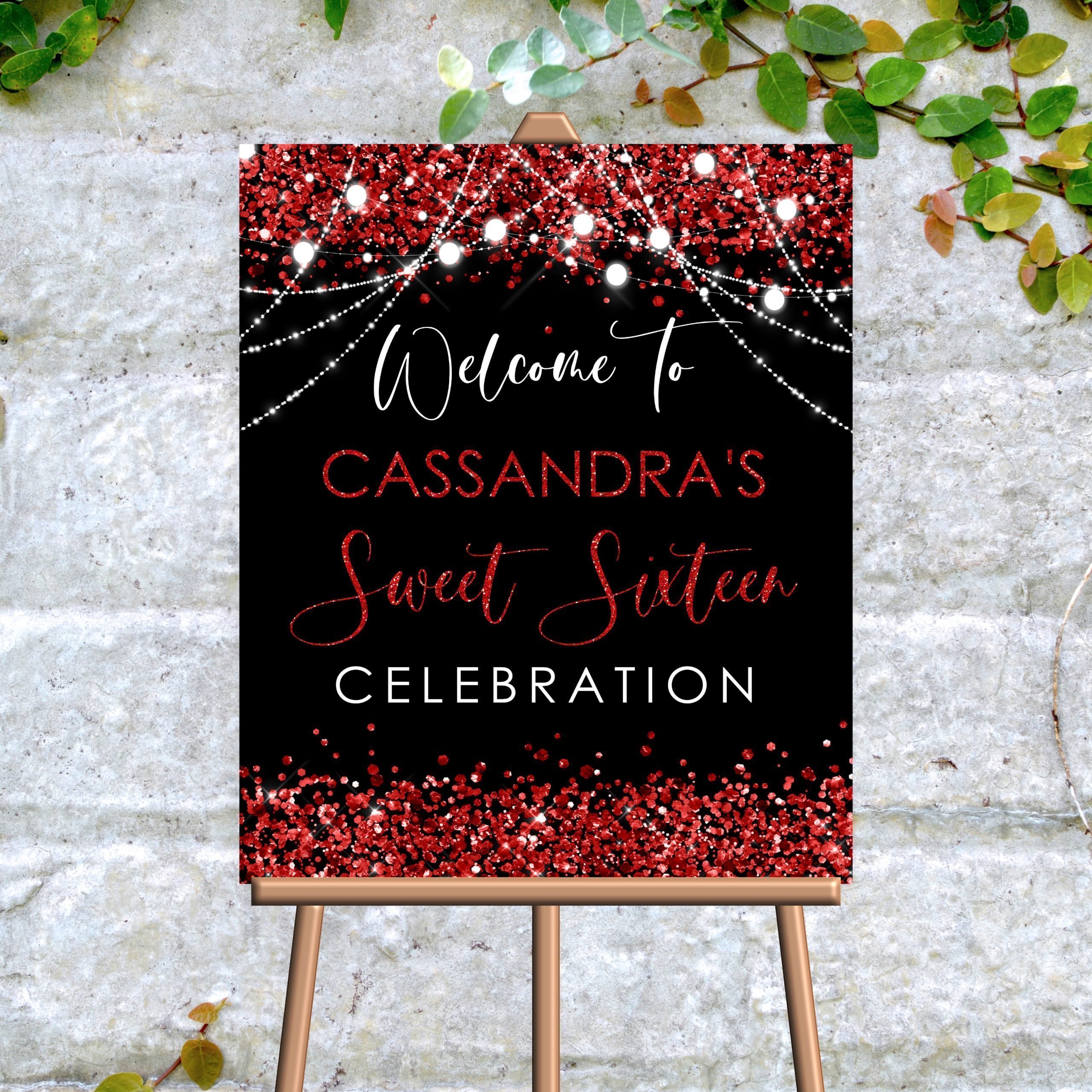 DECOR | SIGNS Editable Red Black Glitter Welcome Sign – Printable Corjl Template Birthday Party Decorations