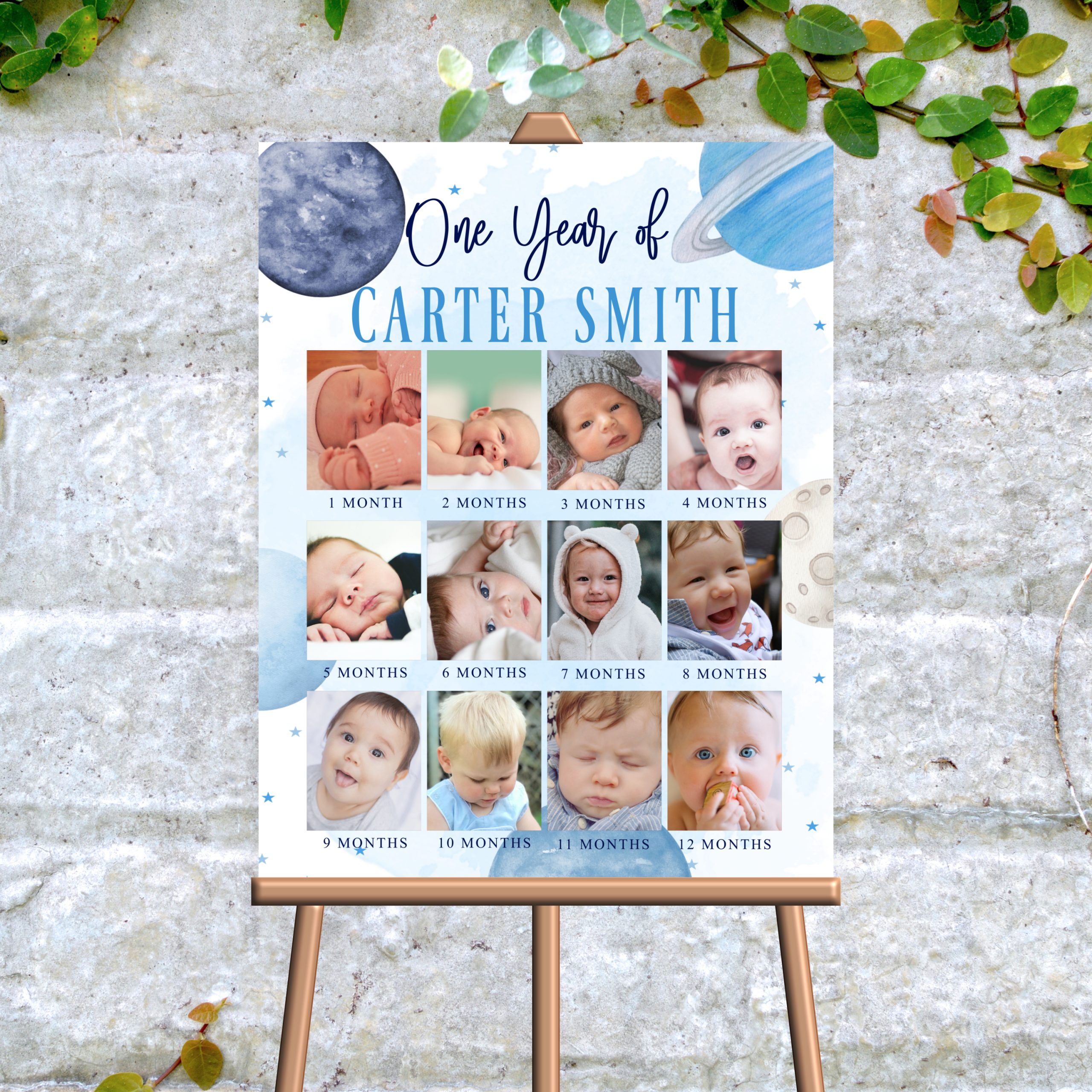 DECOR | SIGNS Editable Blue Outer Space Baby’s First Year Poster | Milestone Galaxy Planet | 1st Birthday Photo Collage Sign | Digital Corjl 1st birthday photo board
