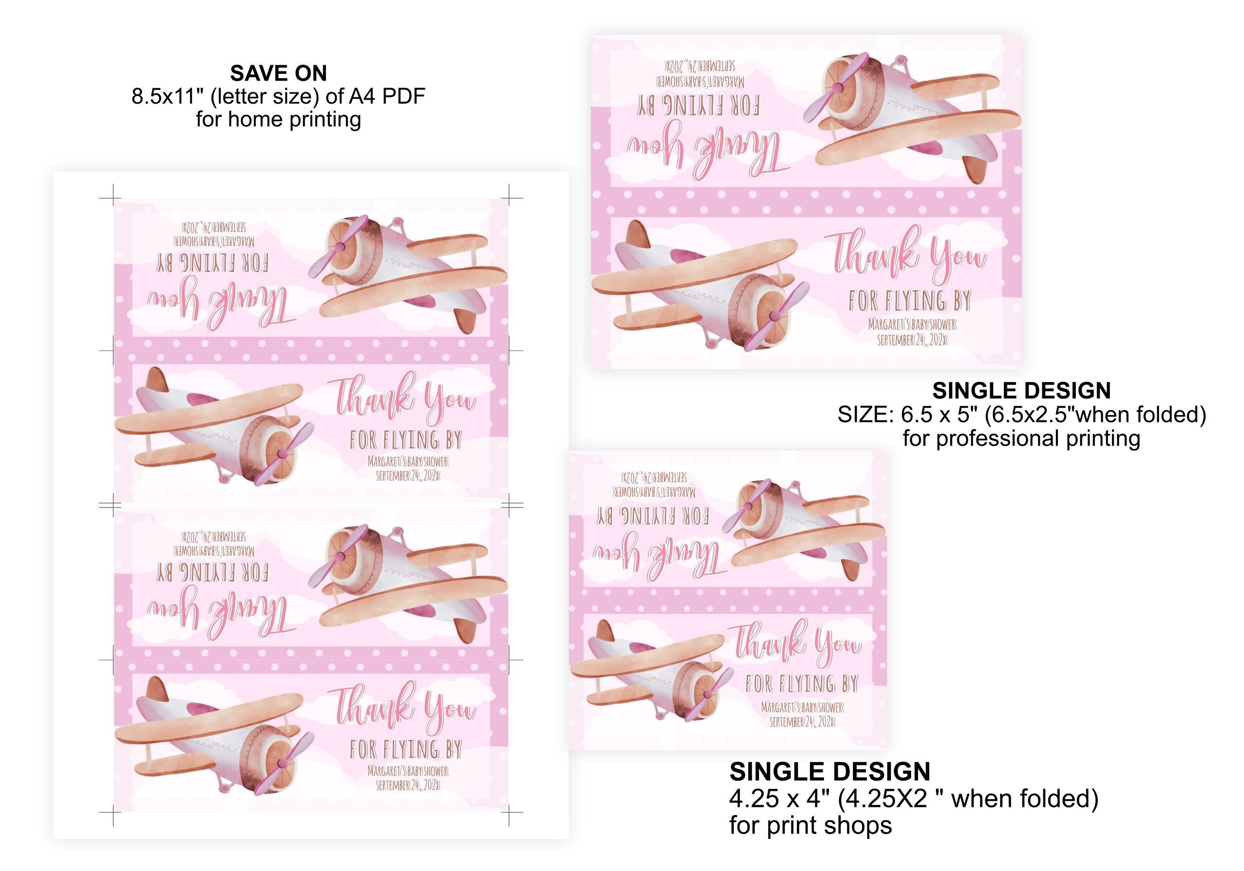TAGS | LABELS Pink Airplane Treat Bag Topper | White and Pink Clouds | Corjl Editable | Two Sizes | 6.5×2.5″ and 4.25×2 6.5x2.5" and 4.25x2"