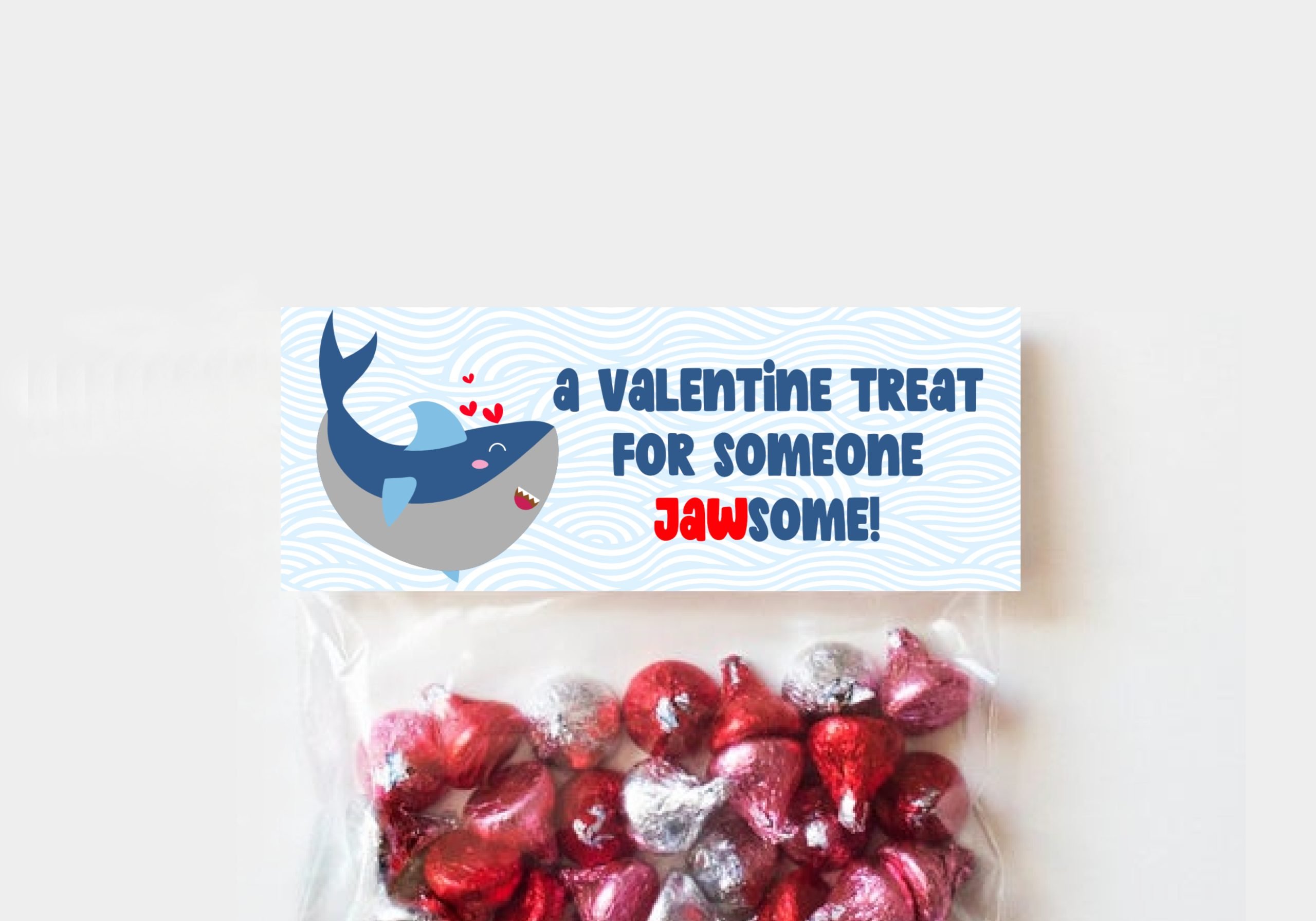 TAGS | LABELS Shark Valentine’s Day Treat Bag Topper Classroom Favor Bag, Goody Bag Topper, Kid’s Treat Bag, Shark Theme, PRINTABLE 4.5x2" version