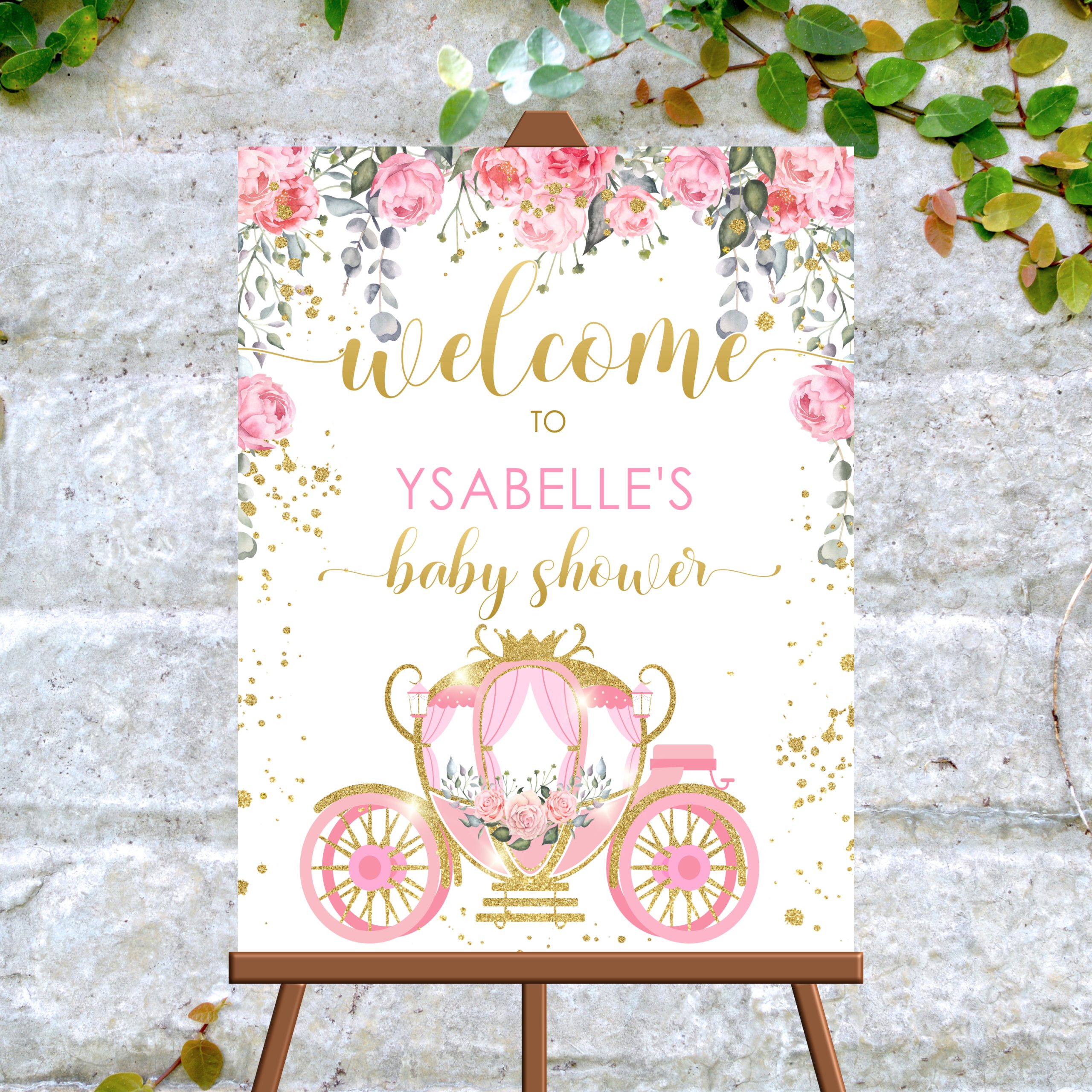DECOR | SIGNS Welcome Sign with Pink Flowers & Princess Carriage | Floral Princess Party Decor | Editable Corjl Template Customizable Welcome Sign