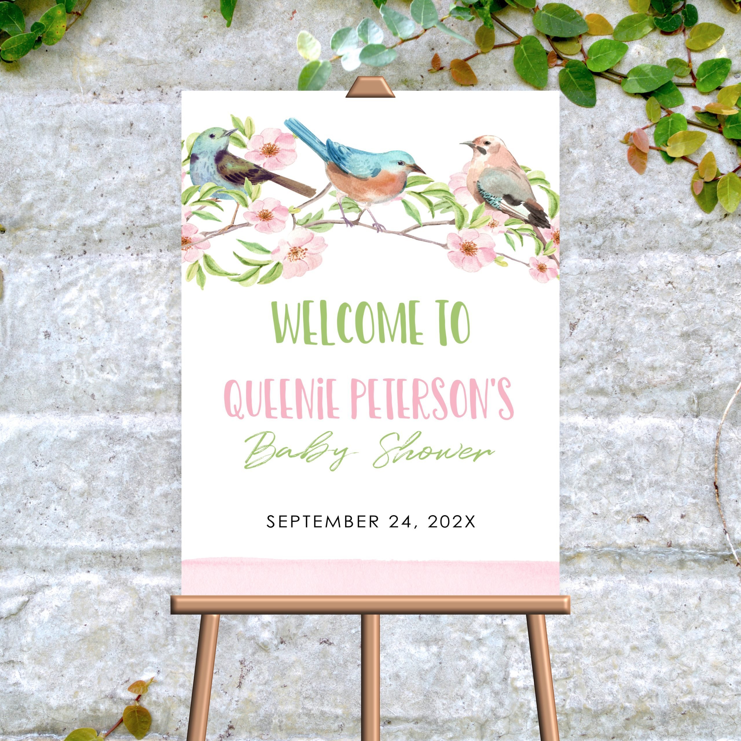 DECOR | SIGNS Editable Birds Welcome Sign | Birdie Baby Shower Welcome Sign Decor | Birthday Party Decoration | Pink Corjl Template bird-themed welcome sign