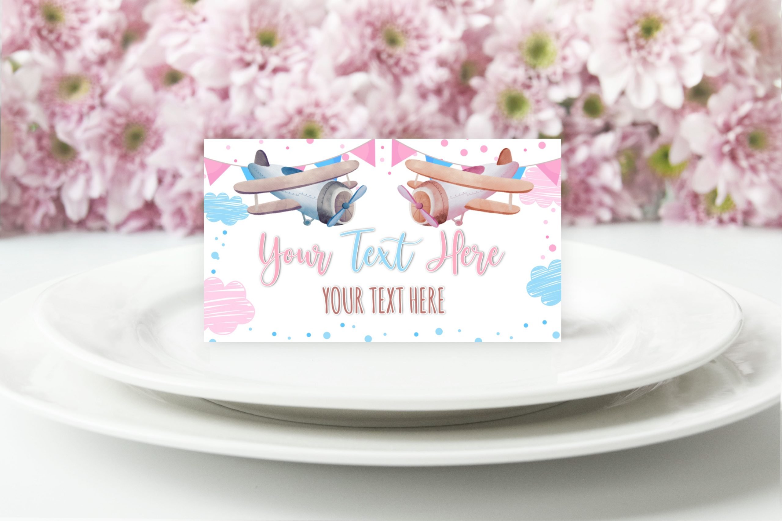 Food Label Editable Pink Blue Airplane Food Label Tent Card Blue Airplane