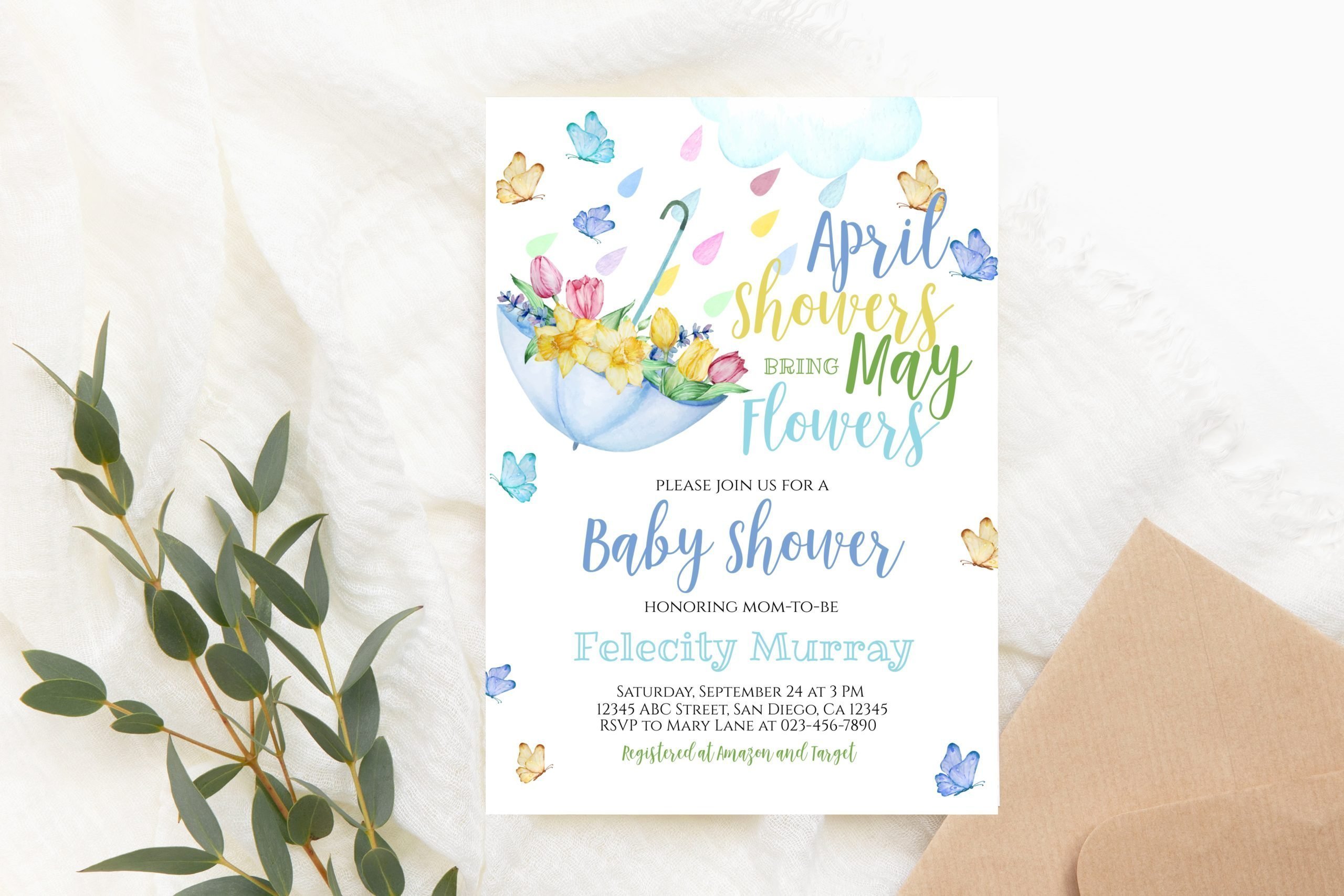 BABY SHOWER Editable April Showers May Flowers Invitation – Boy Blue Umbrella 5x7 Invitation Size