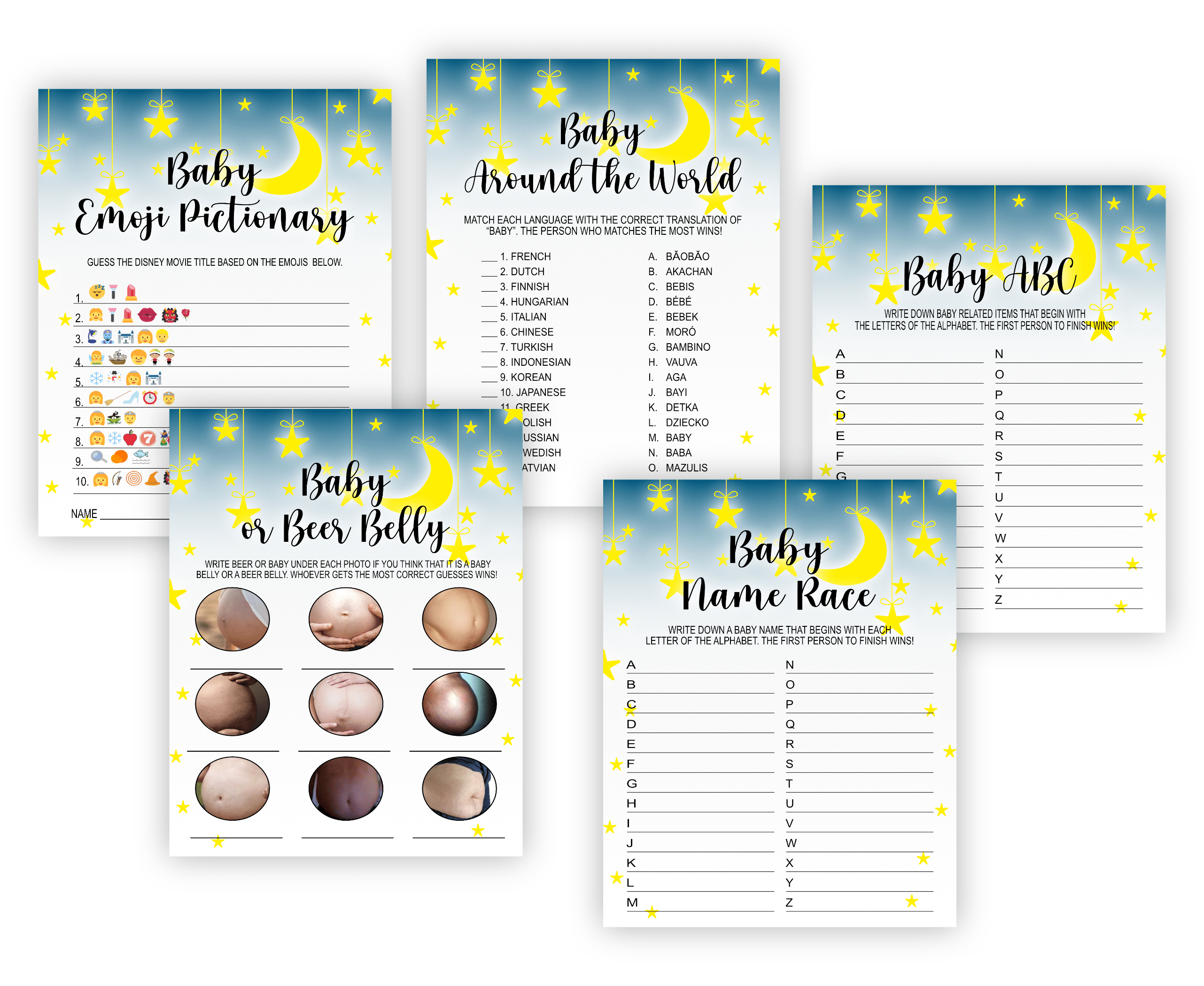 BABY SHOWER Twinkle, Twinkle, Little Star: Moon and Stars Baby Shower Games Bundle Pack baby bingo