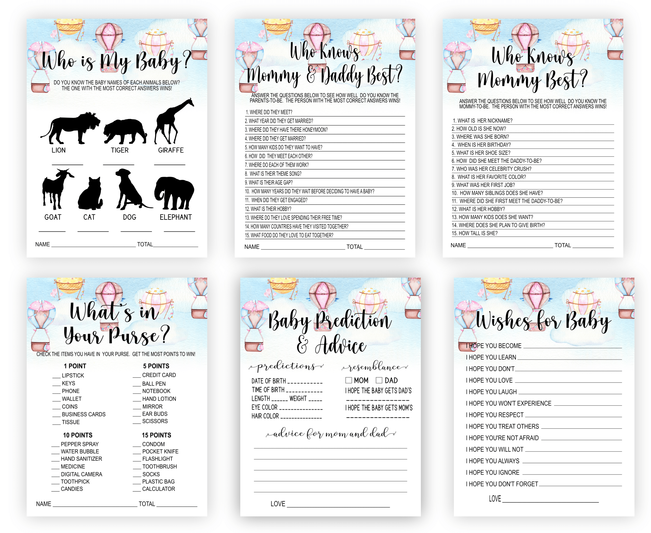 BABY SHOWER Up, Up, and Play! Hot Air Balloon Baby Shower Games Bundle Pack Set and Play Baby Shower Games