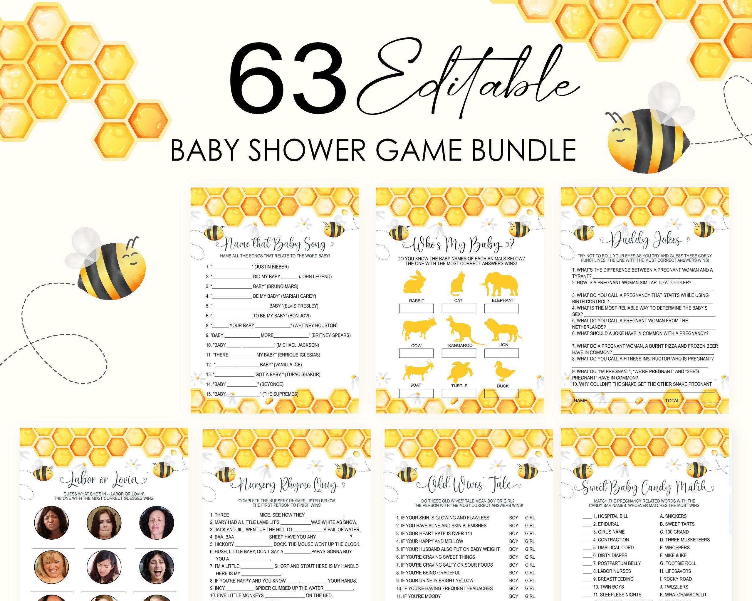 Baby Shower Games Editable Bee Baby Shower Games Bundle, Yellow Honeybee Theme Corjl Editable Bee Shower Game Collection