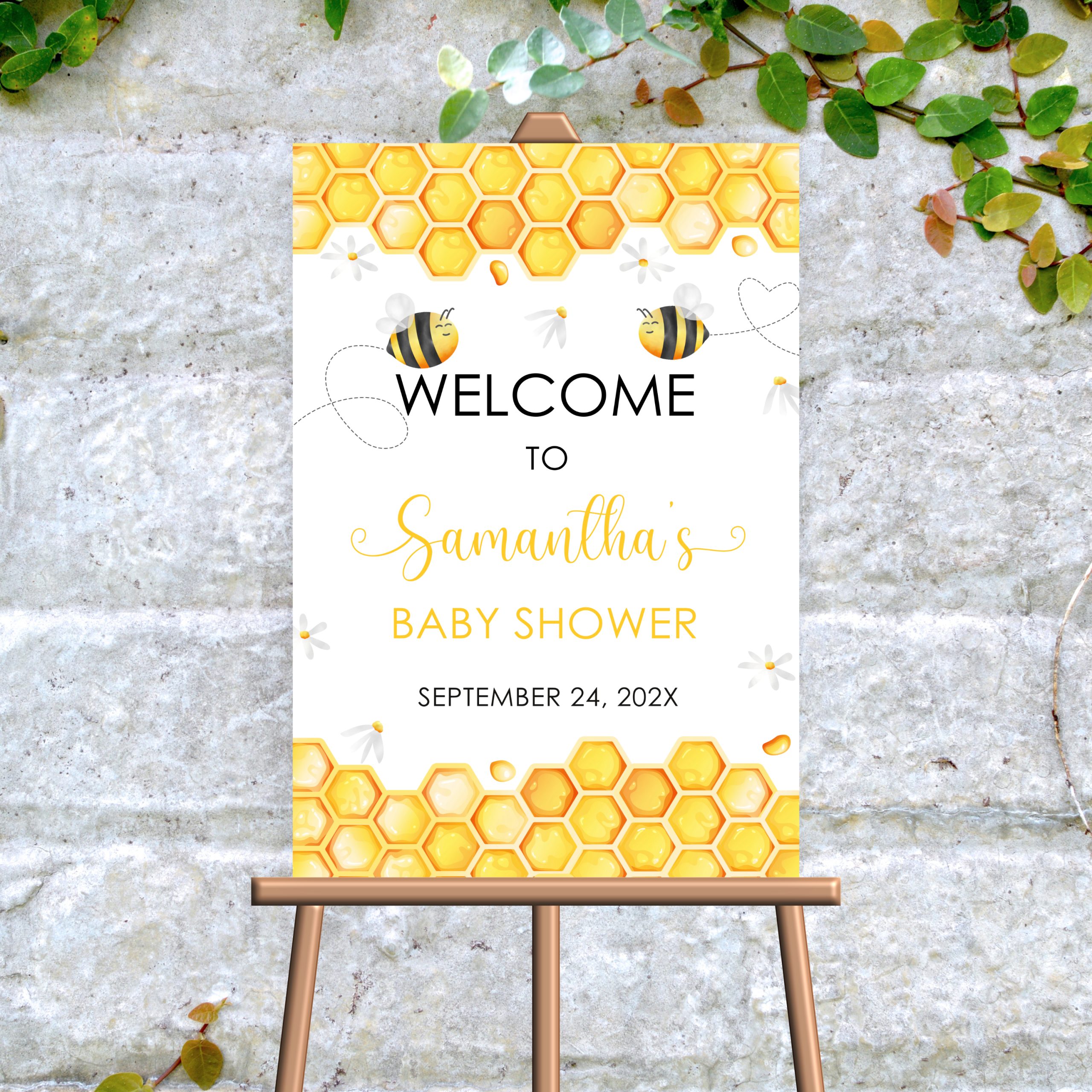 DECOR | SIGNS Editable Bee Welcome Sign, Honeycomb Daisy Baby Shower Welcome Sign, Baby Shower Welcome Sign with Bees