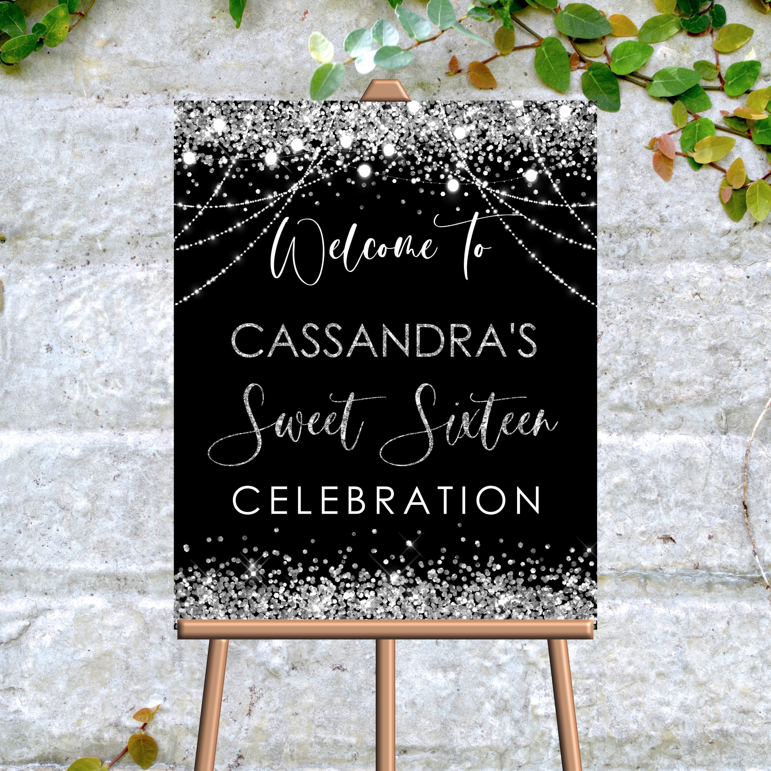 DECOR | SIGNS Editable Black Silver Welcome Sign – Silver Glitter Birthday Party Decor