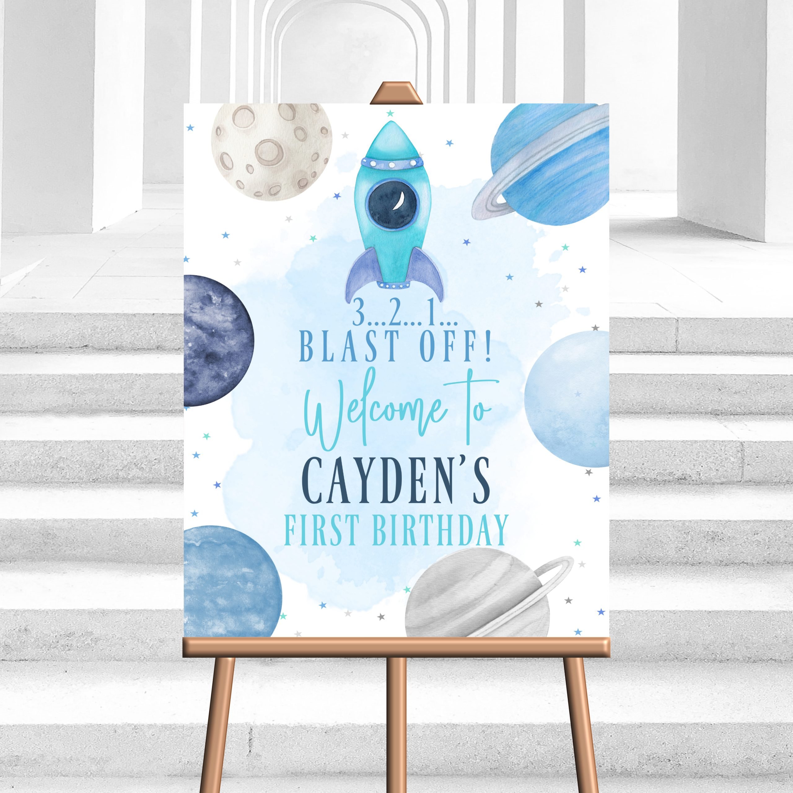 DECOR | SIGNS Editable Outer Space Welcome Sign – Boy Blue Rocket Galaxy Planets Universe Birthday Party Baby Shower Decor Sign Baby Shower Sign
