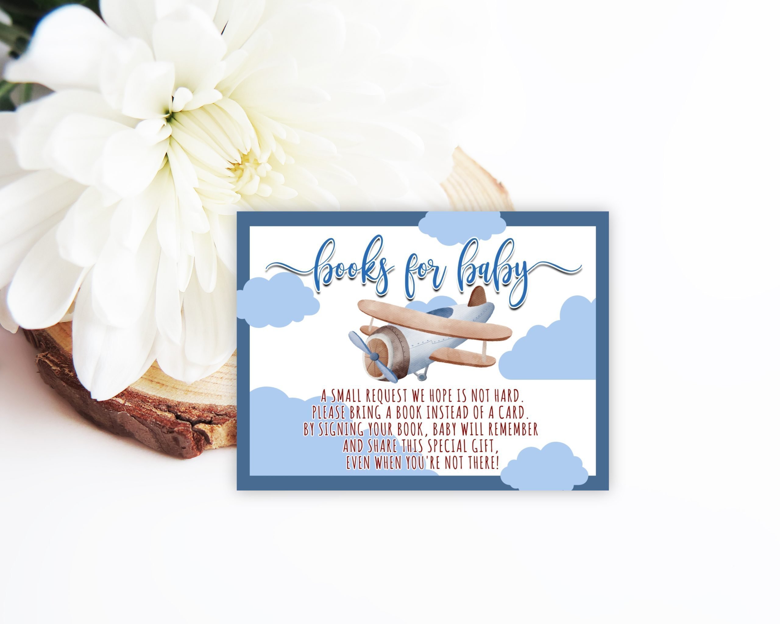 Books for Baby Cards Editable Blue Airplane Books for baby invitation insert PRINTABLE Digital Download Corjl Template 4x3" airplane baby shower book insert