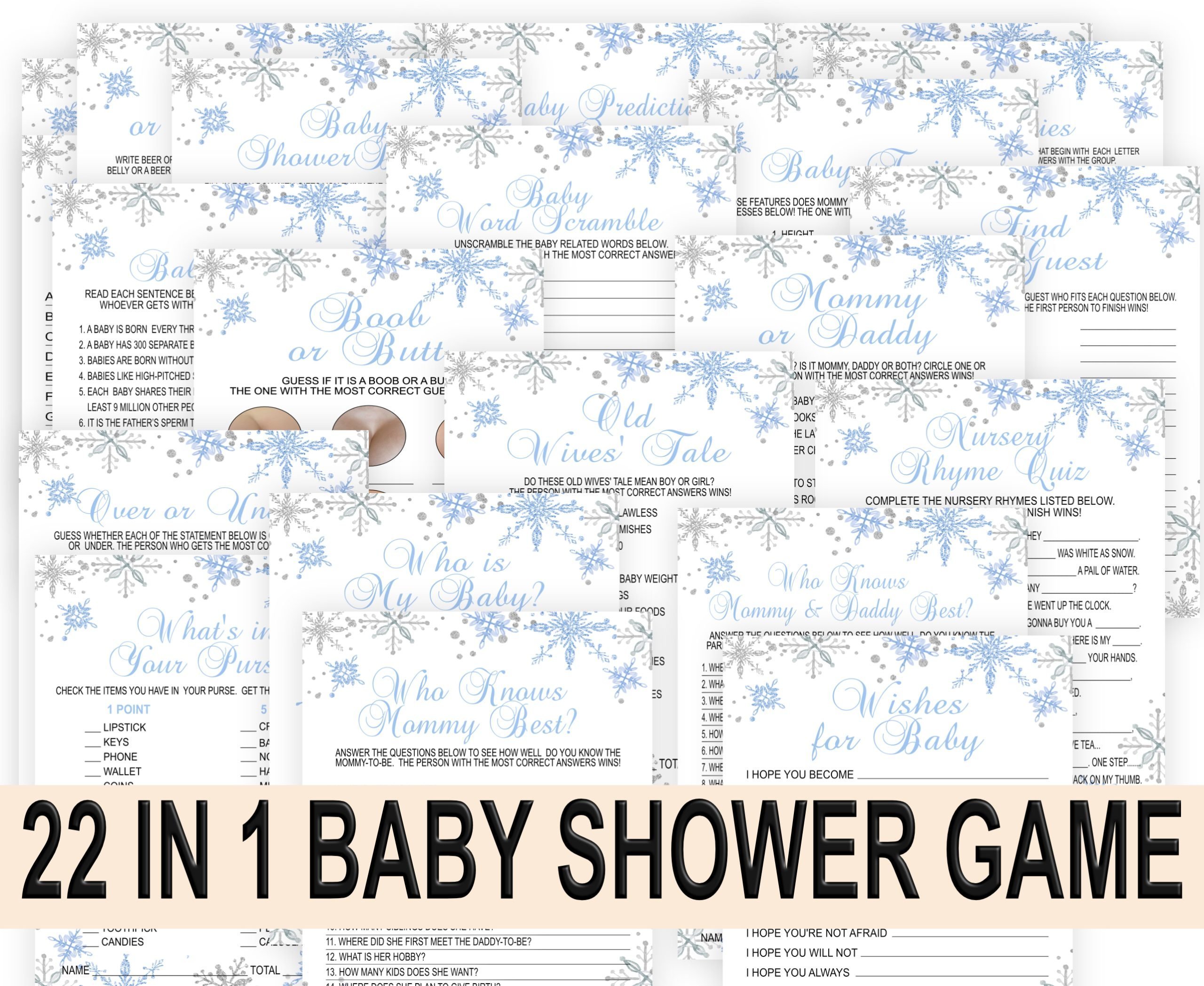 BABY SHOWER Snowflakes Baby Shower Games Bundle Pack, Blue Winter Theme, PRINTABLE baby shower activities