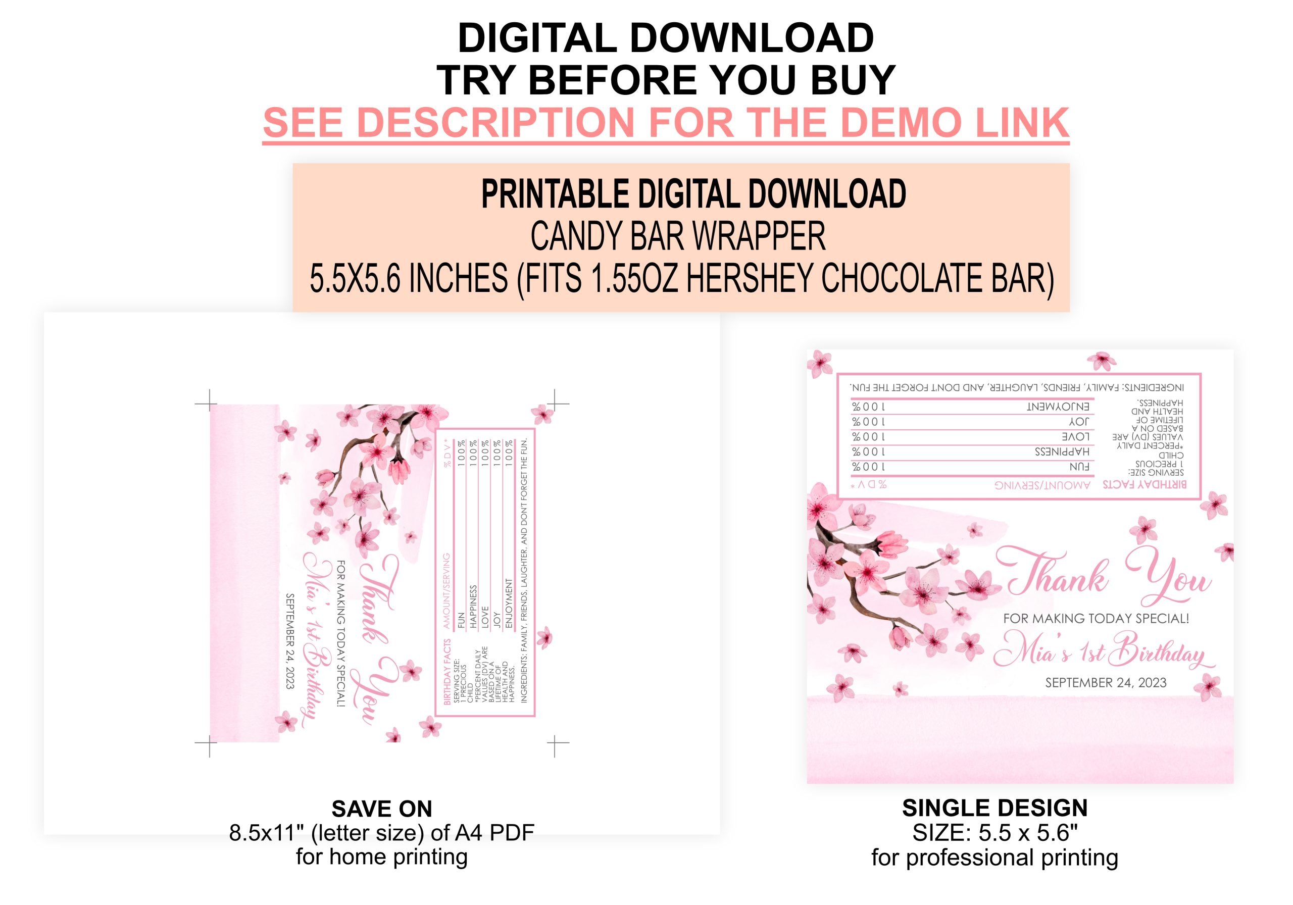 Candy Bar Wrapper Editable Cherry Blossom Candy Bar Wrapper Label, Favors Birthday Party, Chocolate Bar Wrapper, Baby Shower, Download PRINTABLE, Corjl Template 5.5 x 5.6 inches