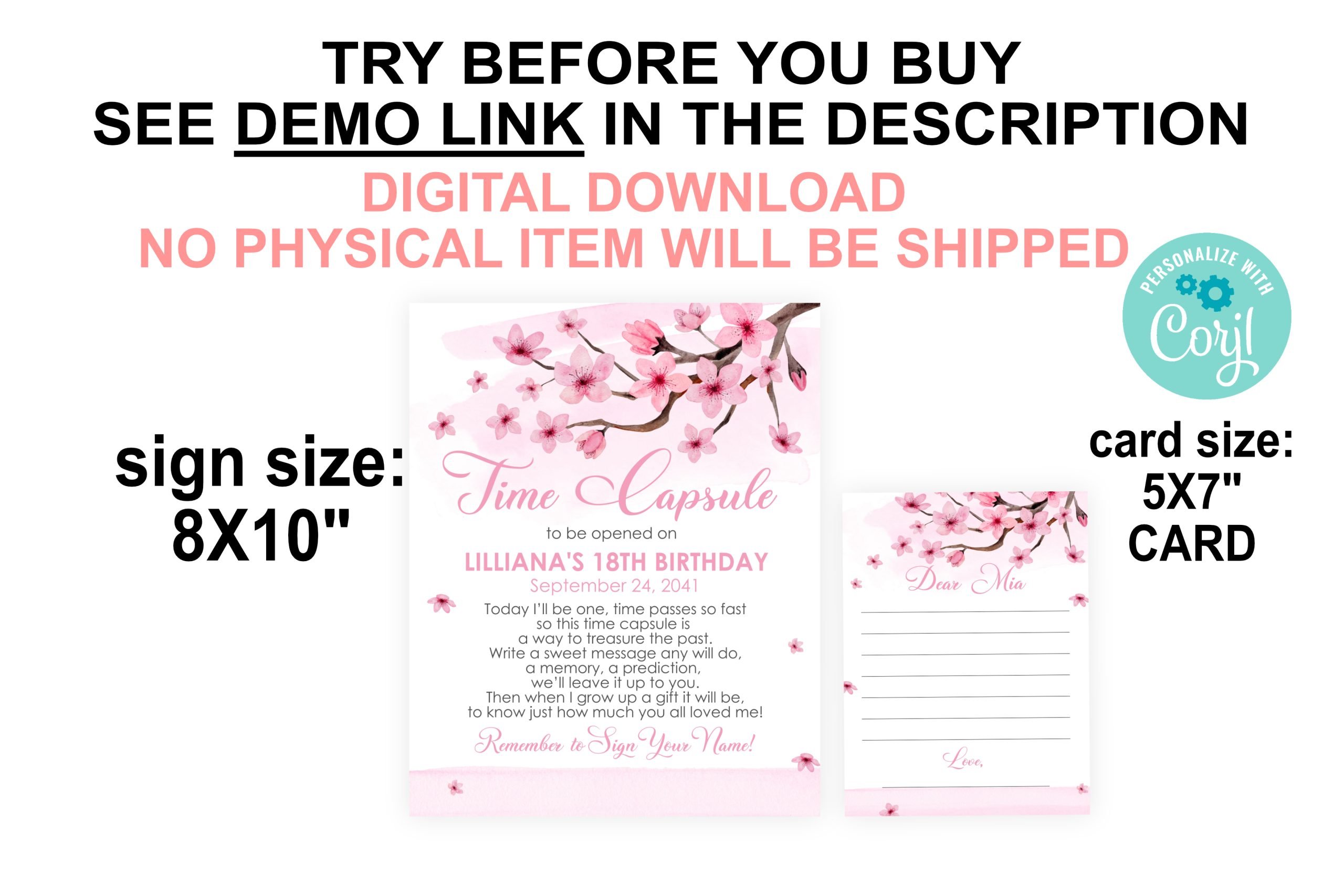DECOR | SIGNS Editable Cherry Blossom Time Capsule Sign Note Card – Pink Girl 1st Birthday Keepsake – Corjl Template 1st Birthday Celebration