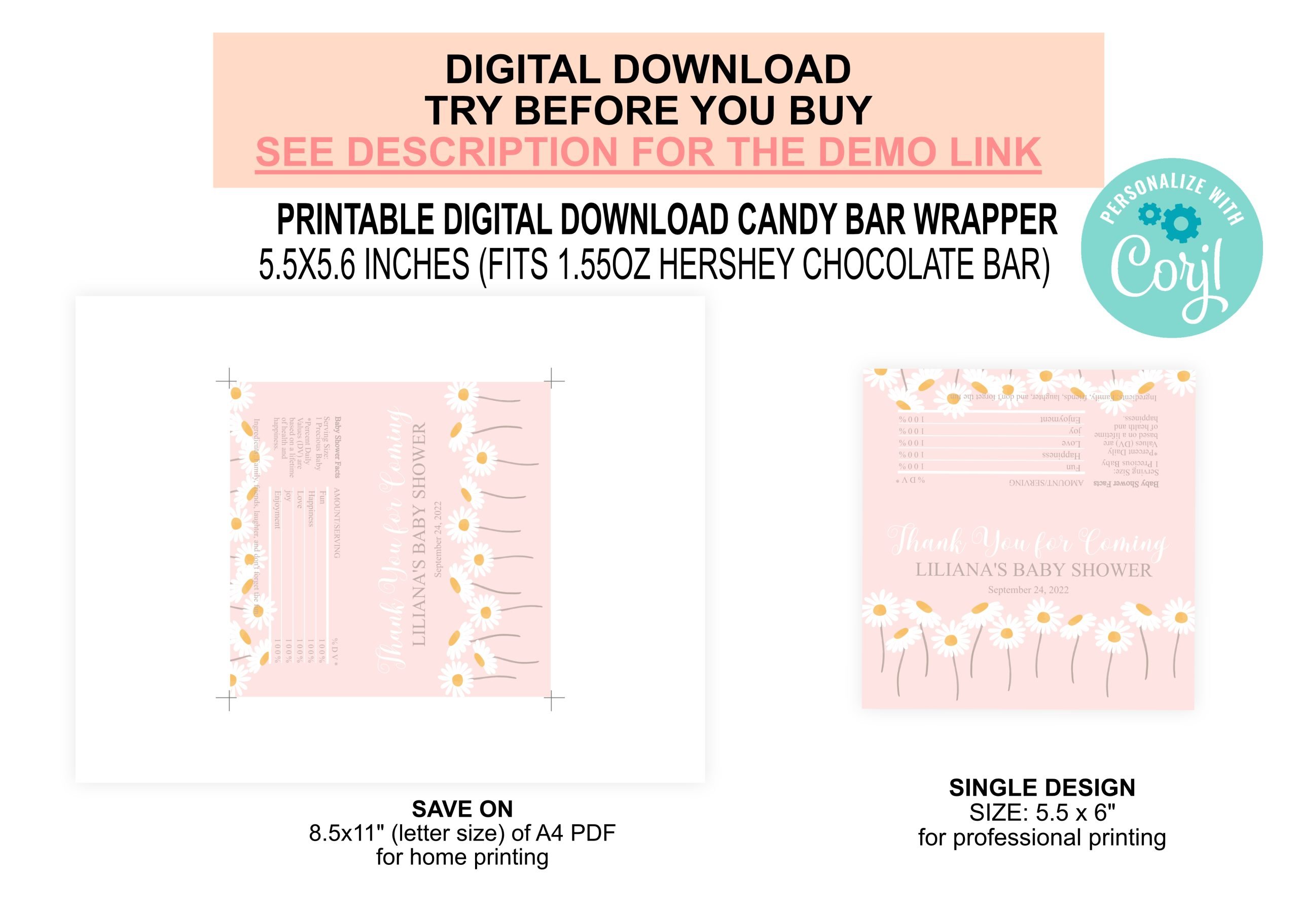 Candy Bar Wrapper Editable Daisy Candy Bar Wrapper Label, PRINTABLE, Daisy Themed Birthday Party, Baby Shower Baby Shower Chocolate Bar Wrapper