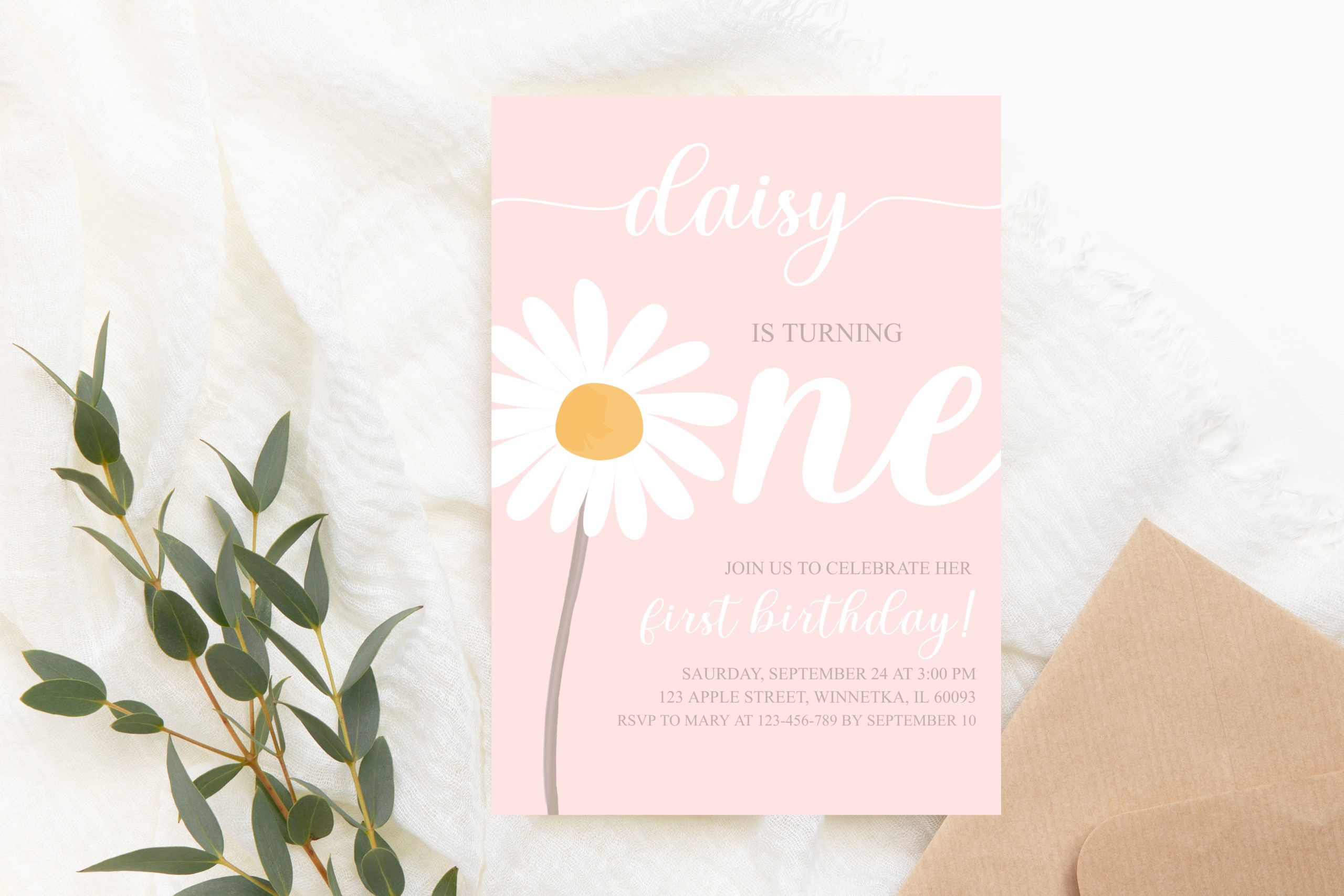 BIRTHDAY Editable Daisy First Birthday Invitation 5x7 Corjl Template
