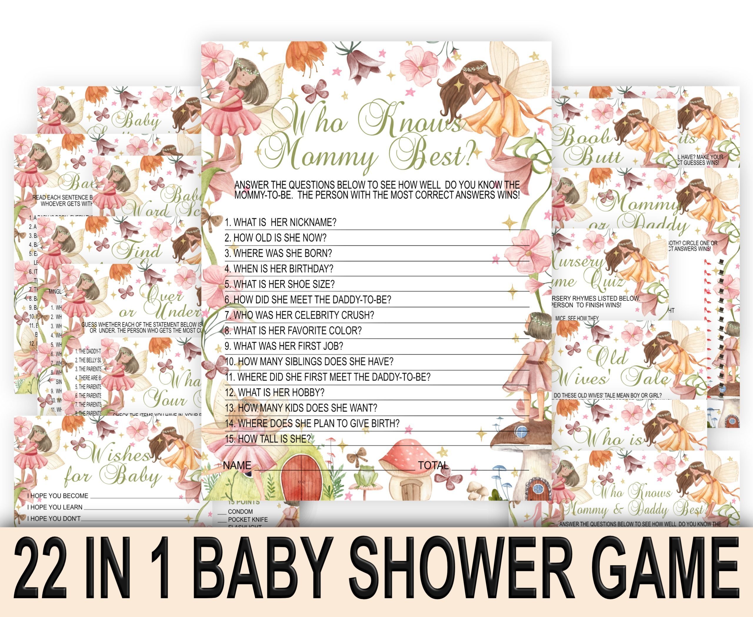 BABY SHOWER Enchanted Fairy Baby Shower Games Bundle Bundle Set with 22 Games