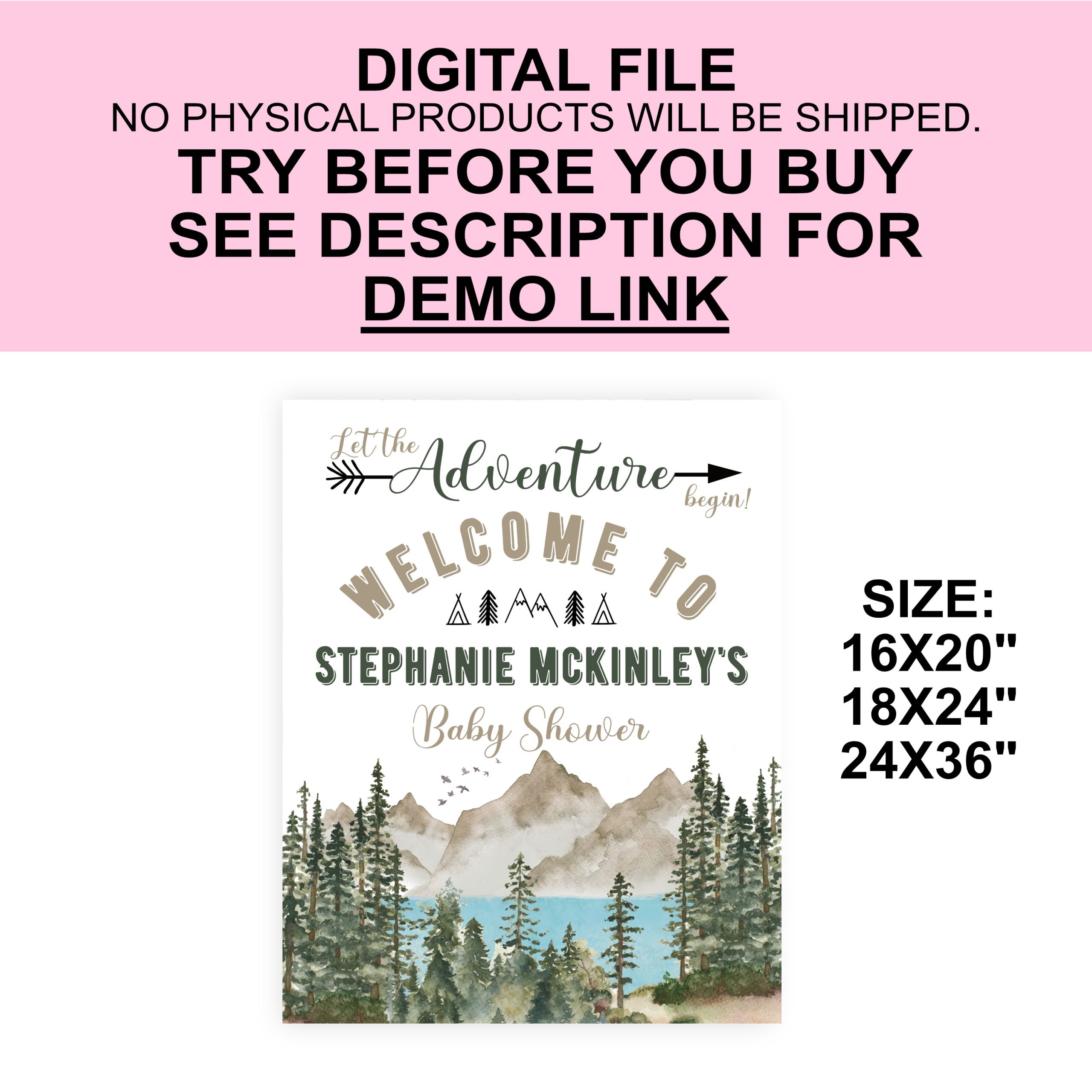 DECOR | SIGNS Editable Let the Adventure Begin Welcome Sign | Forest Mountain Lake Woodland Baby Shower Decor | Corjl Template | Digital PRINTABLE adventure-inspired decor