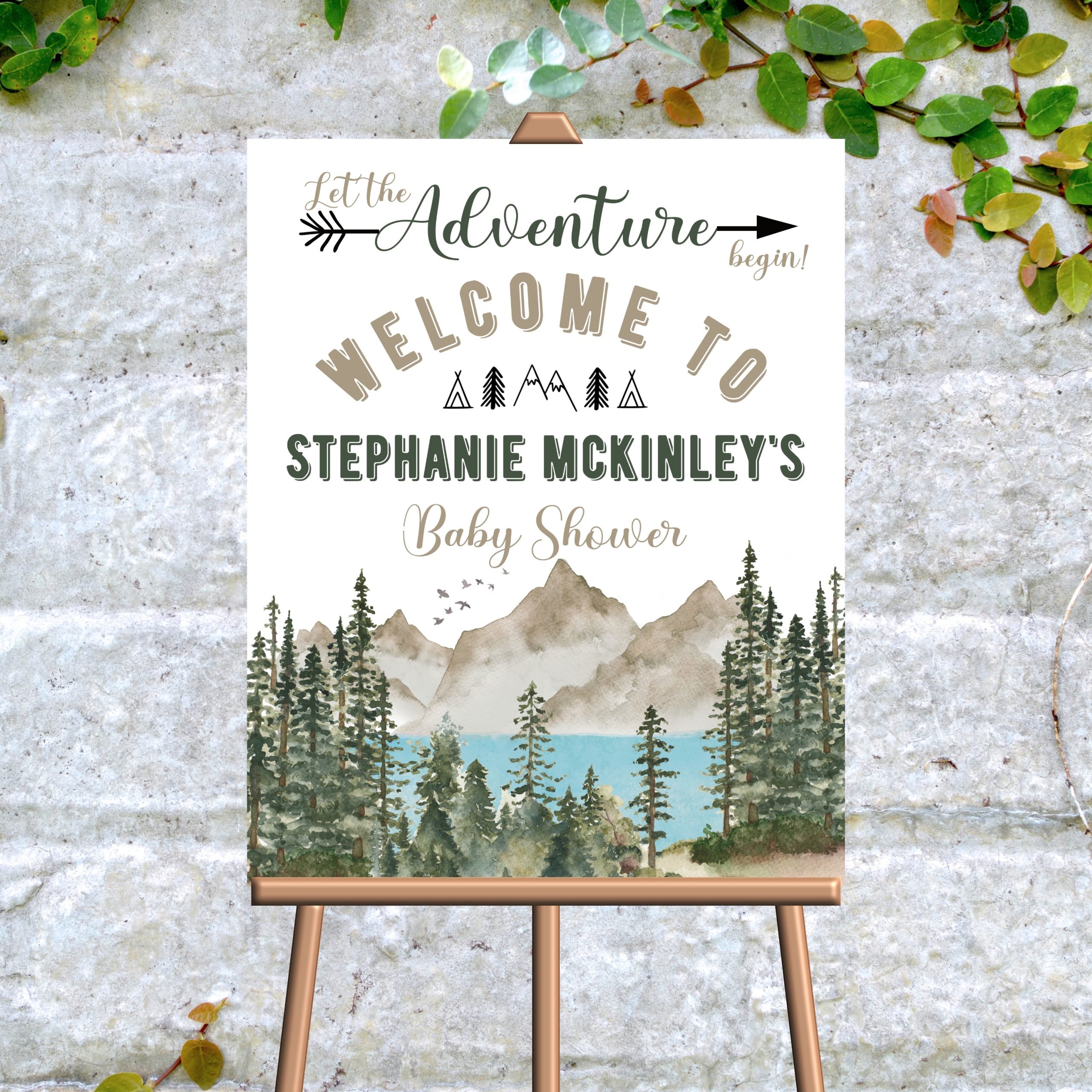 DECOR | SIGNS Editable Let the Adventure Begin Welcome Sign | Forest Mountain Lake Woodland Baby Shower Decor | Corjl Template | Digital PRINTABLE adventure-inspired decor