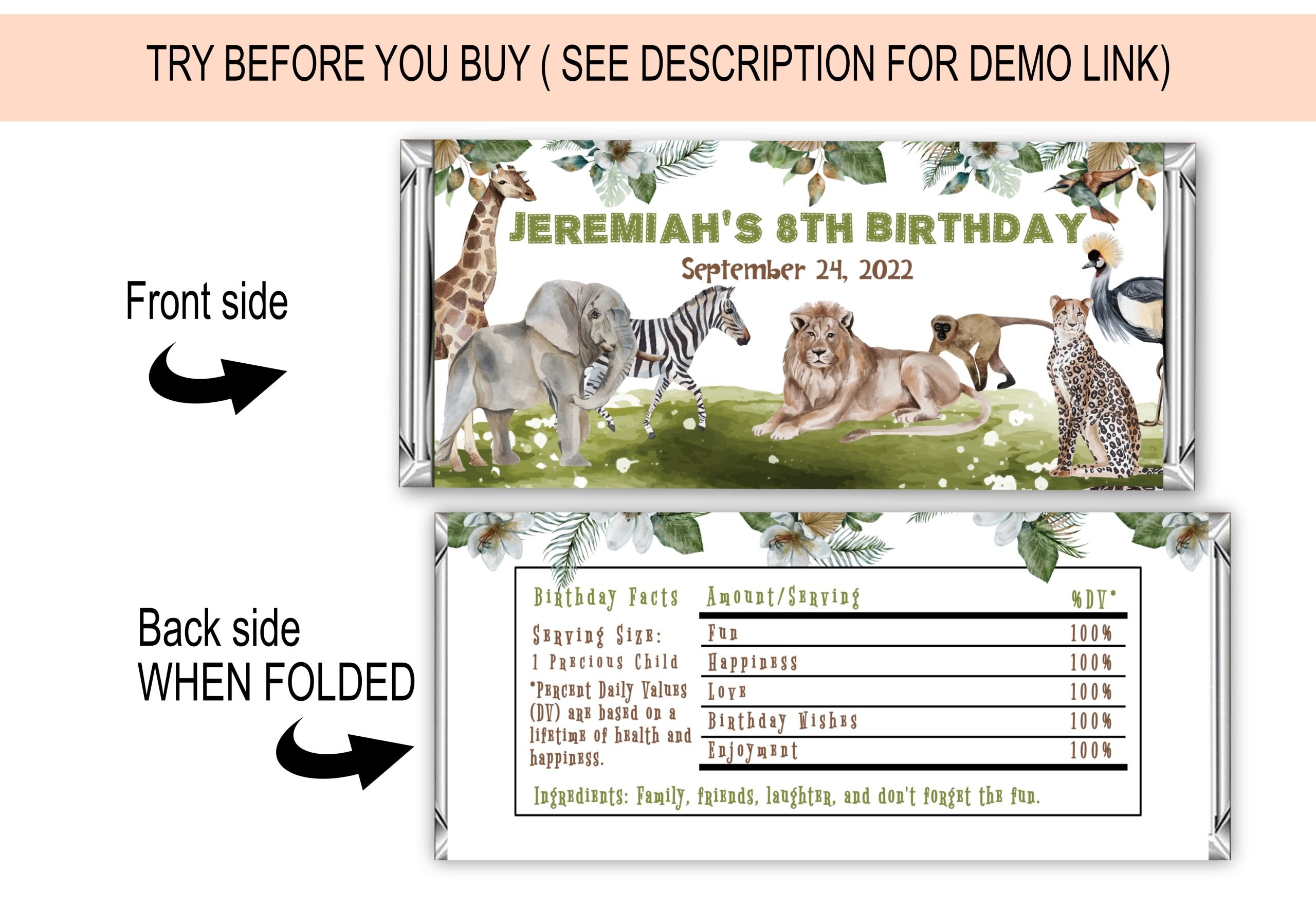 Candy Bar Wrapper Editable Jungle Animals Birthday Candy Bar Wrapper, Jungle Lion Giraffe Wild Label DIY Party Favors