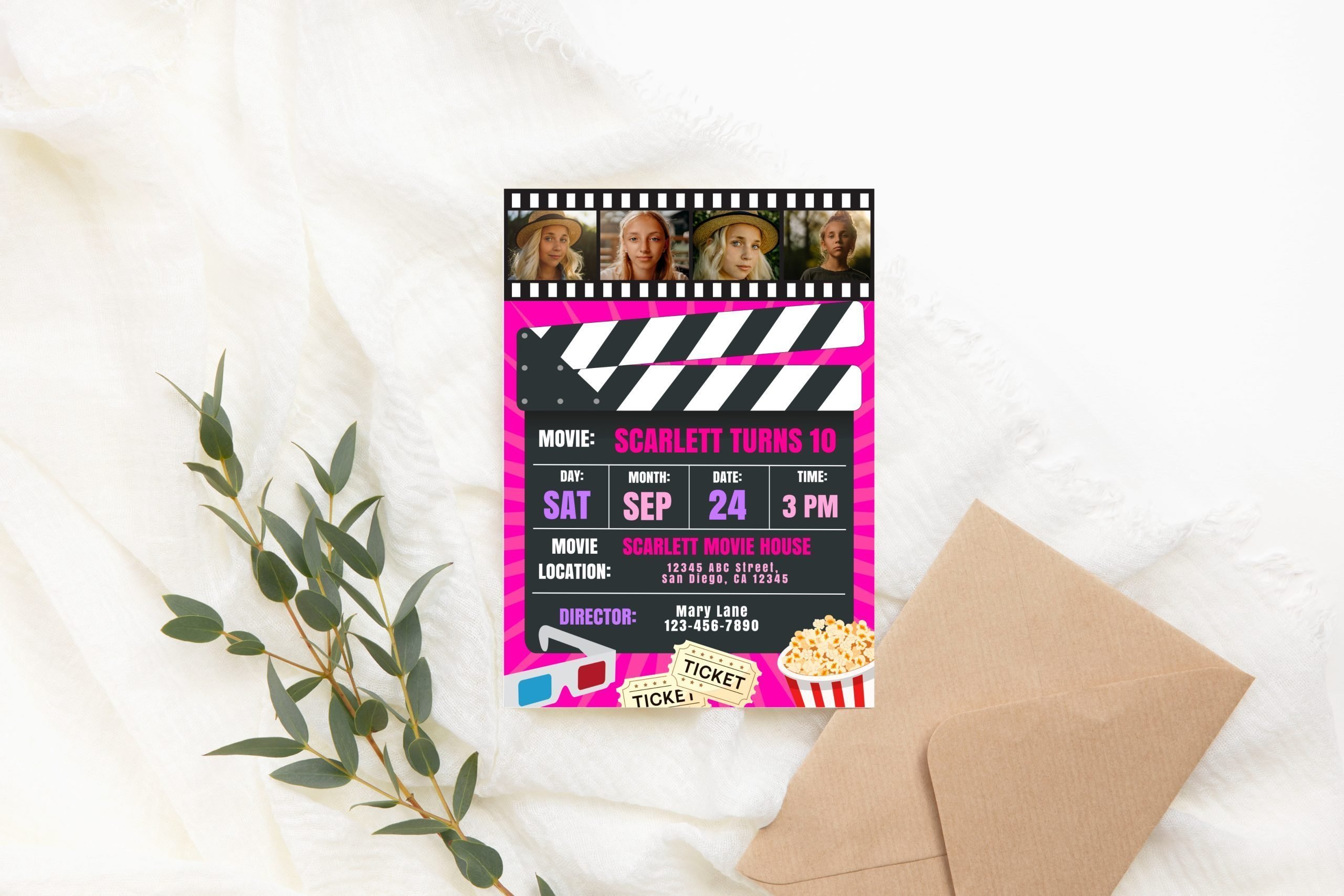 BIRTHDAY Editable Movie Birthday Invitation with Photo, Pink Black Girl Movie Birthday Party Invitation 5x7 Size