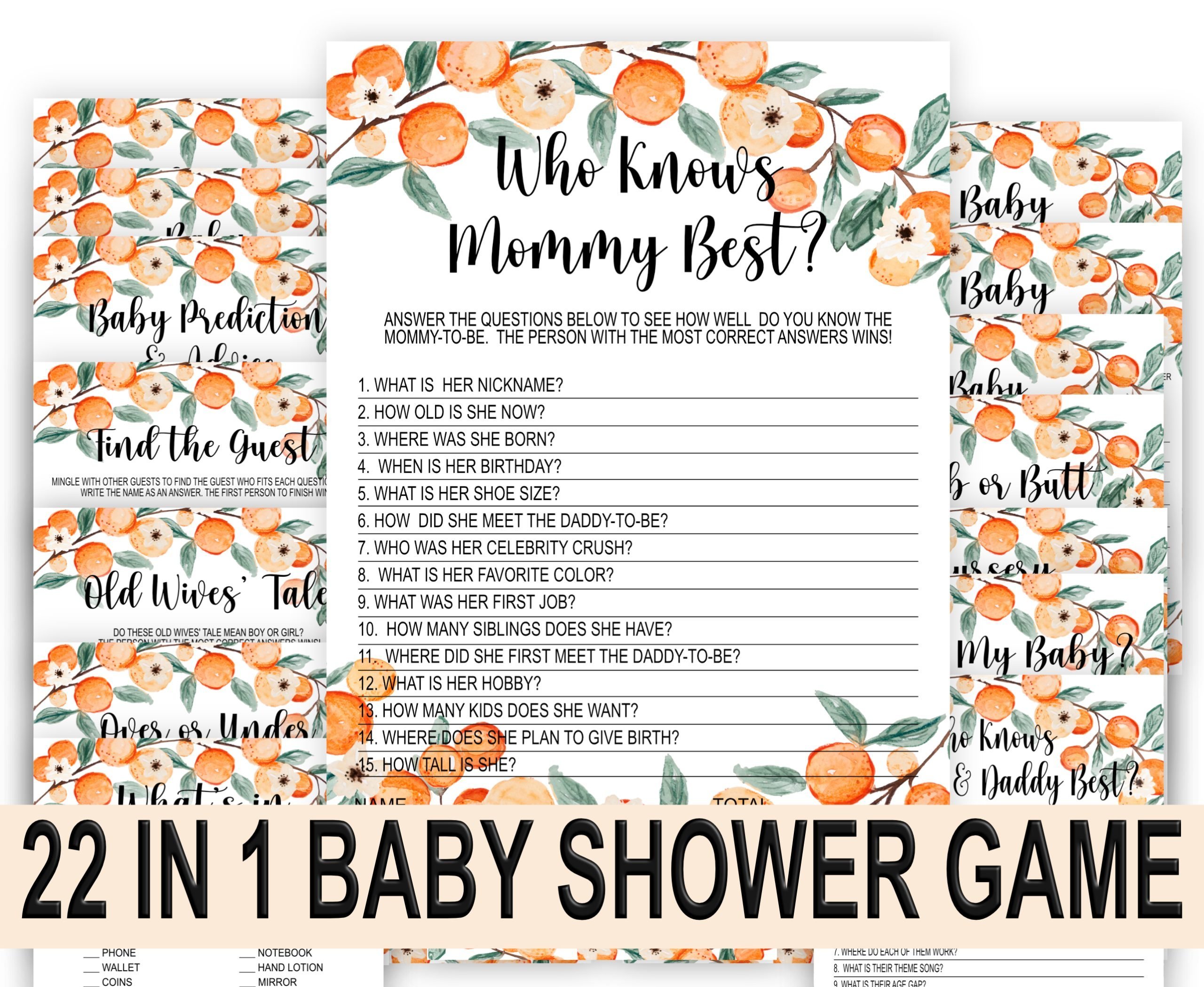 BABY SHOWER Little Cutie Baby Shower Games Bundle – Clementine Orange Theme” baby shower activities