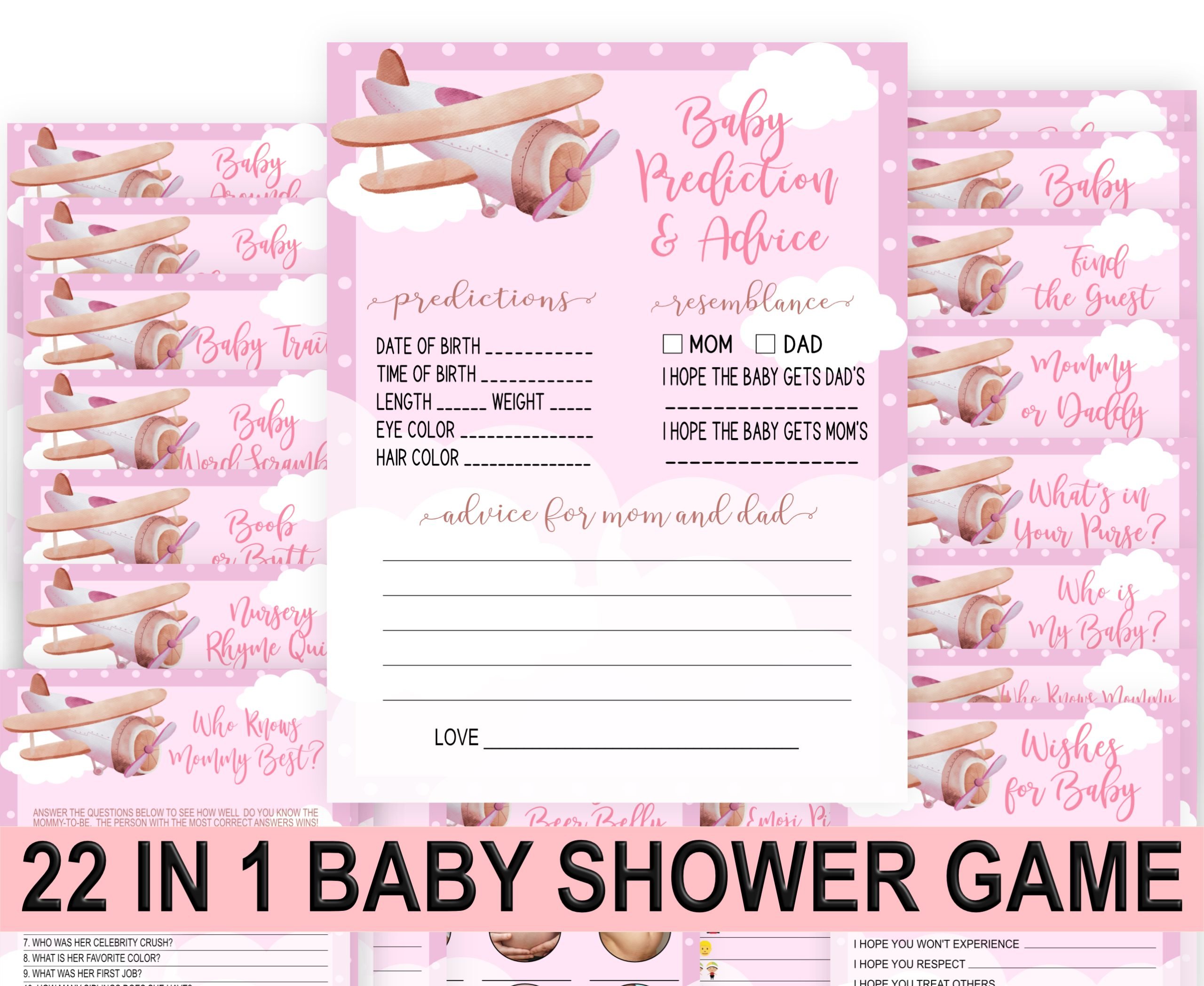 BABY SHOWER Pink Airplane Baby Shower Games | Pink Airplane Clouds Blue Baby Shower Activities | PRINTABLE DIGITAL DOWNLOAD Baby Shower Game Bundle