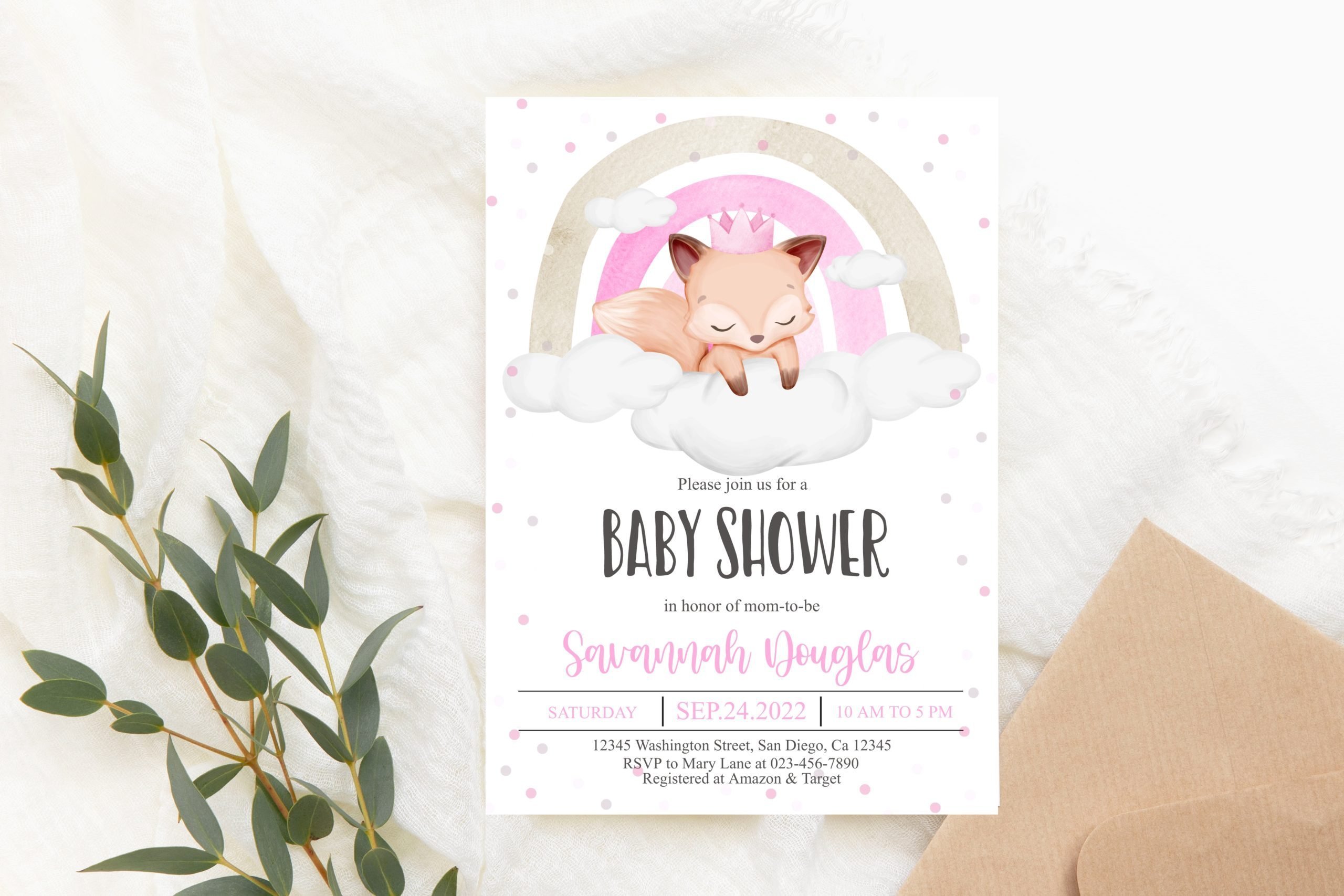 BABY SHOWER Editable Fox Baby Shower Invitation – Sleeping Fox Girl Baby Shower Invite 5x7 Baby Shower Invitation