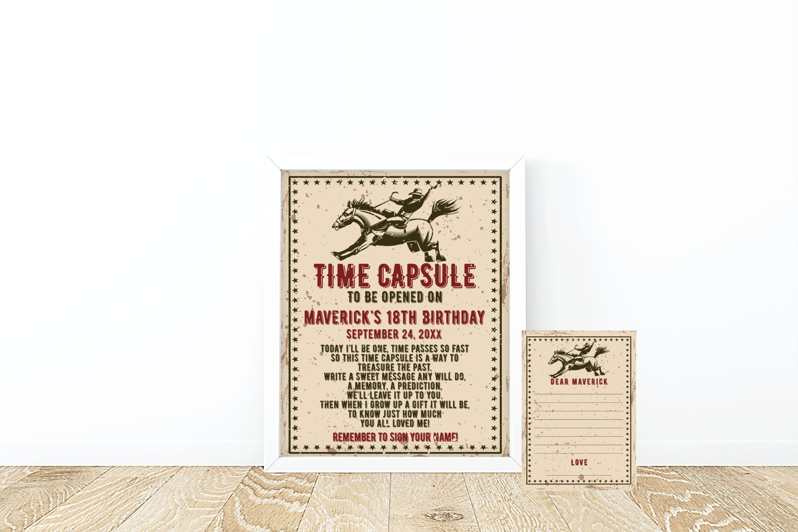 DECOR | SIGNS Editable Rodeo Time Capsule Sign and Note Card – Rustic Cowboy Keepsake Set – PRINTABLE Corjl Template 1st Birthday Memory Keepsake