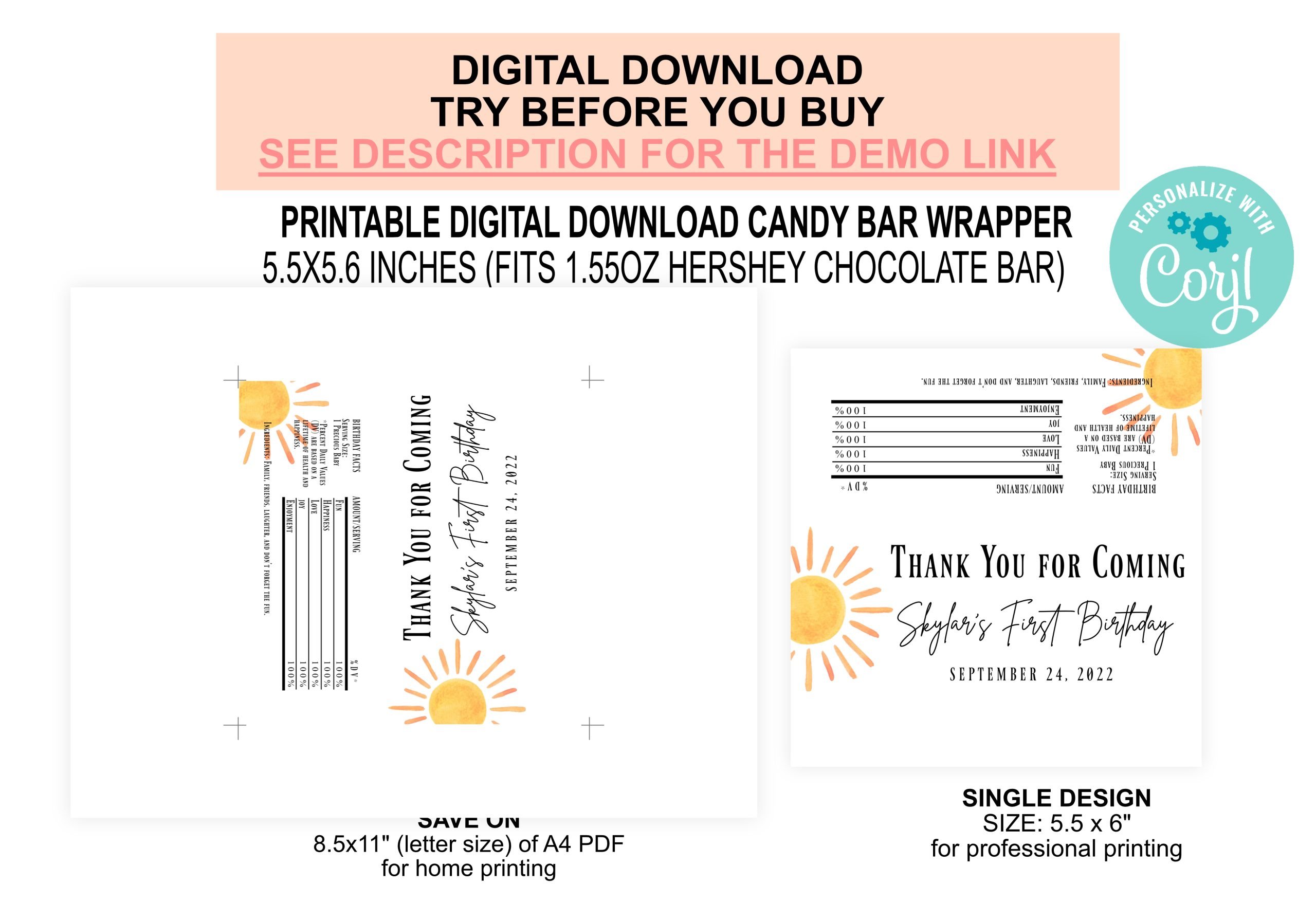 Candy Bar Wrapper Editable Sun Candy Bar Wrapper Label, Birthday Party Chocolate Bar Wrapper Birthday party chocolate bar wrapper