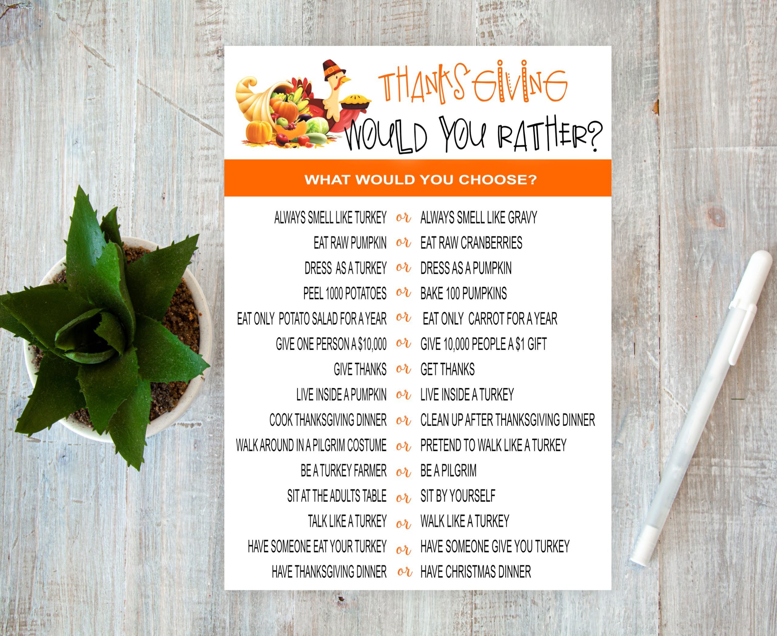 HOLIDAY Thanksgiving Would You Rather Game – Printable Thanksgiving Day Game for Adults and Kids family-friendly game
