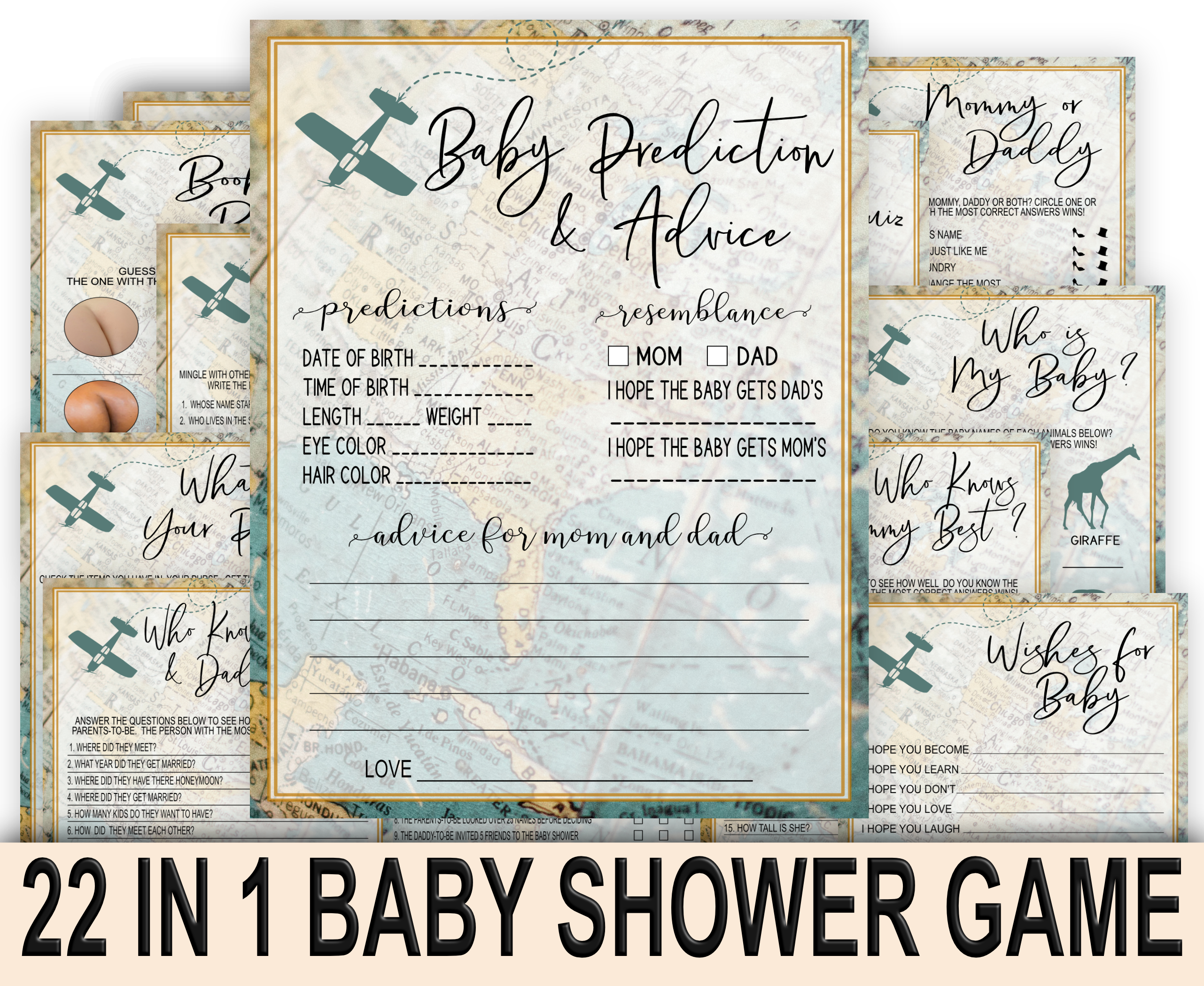 Baby Shower Games 22 Games Travel Baby Shower Games Bundle Set, Printable, Adventure Theme, Airplane, Vintage Rustic 22 Games Travel Baby Shower Games Bundle Set