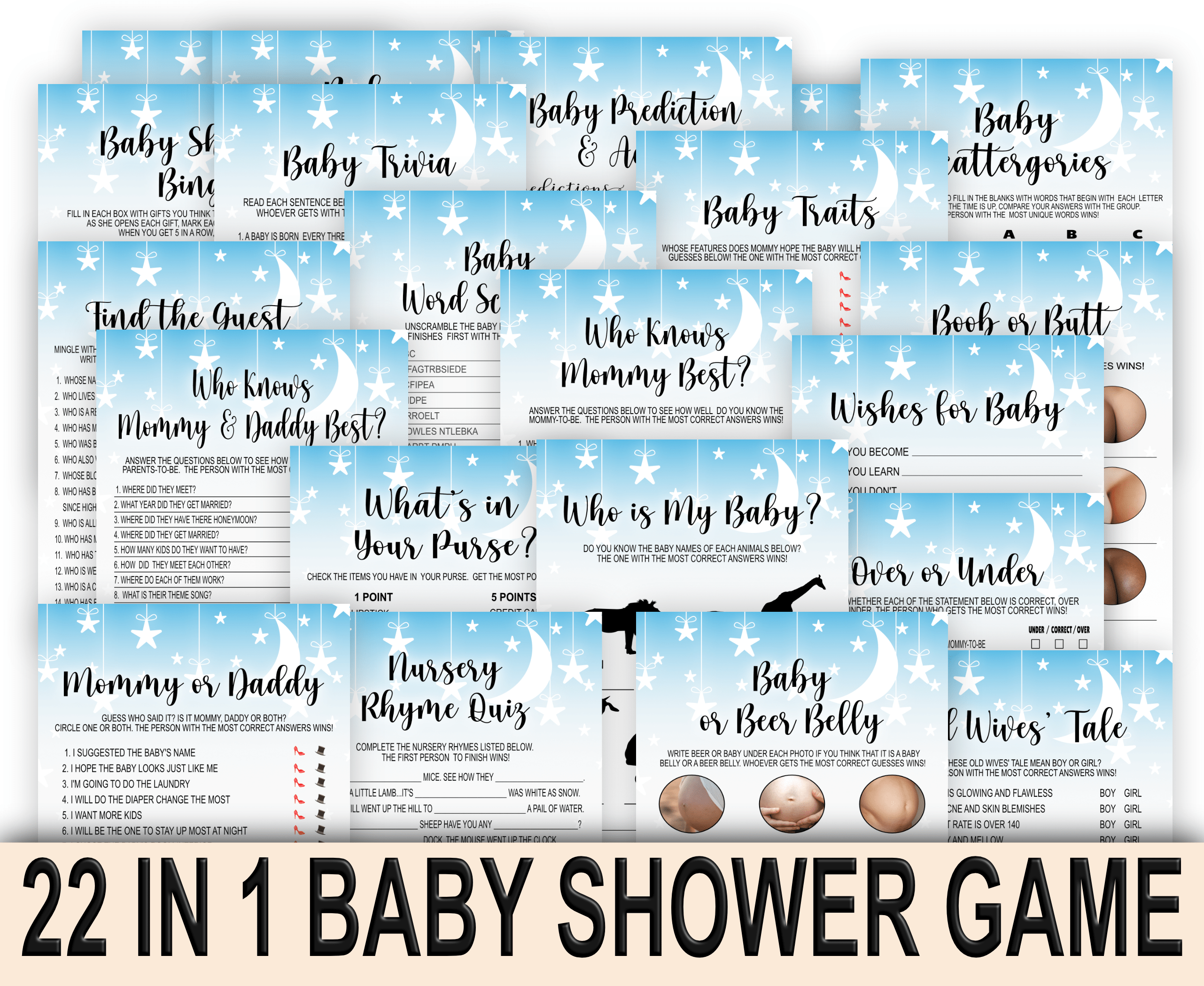 BABY SHOWER White Moon Stars Baby Shower Games Bundle Pack – Twinkle Star Theme Party Games for Baby Boy 22 games included in the bundle pack