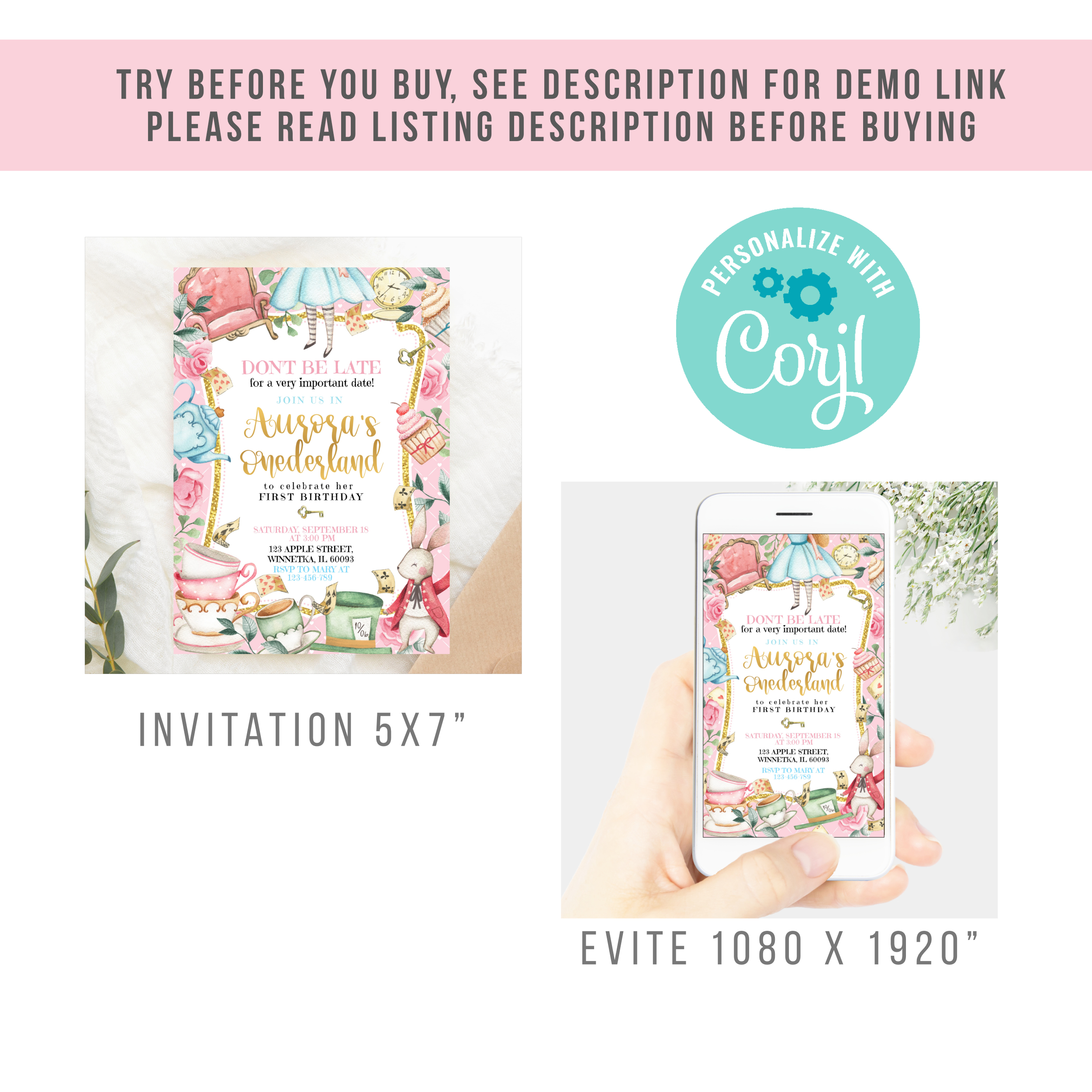 Birthday Mega Bundle Alice in Onederland Pink 1st Birthday Girl Party Invitation Bundle Pack with Editable Corjl Template – Digital Download Birthday_Wizard