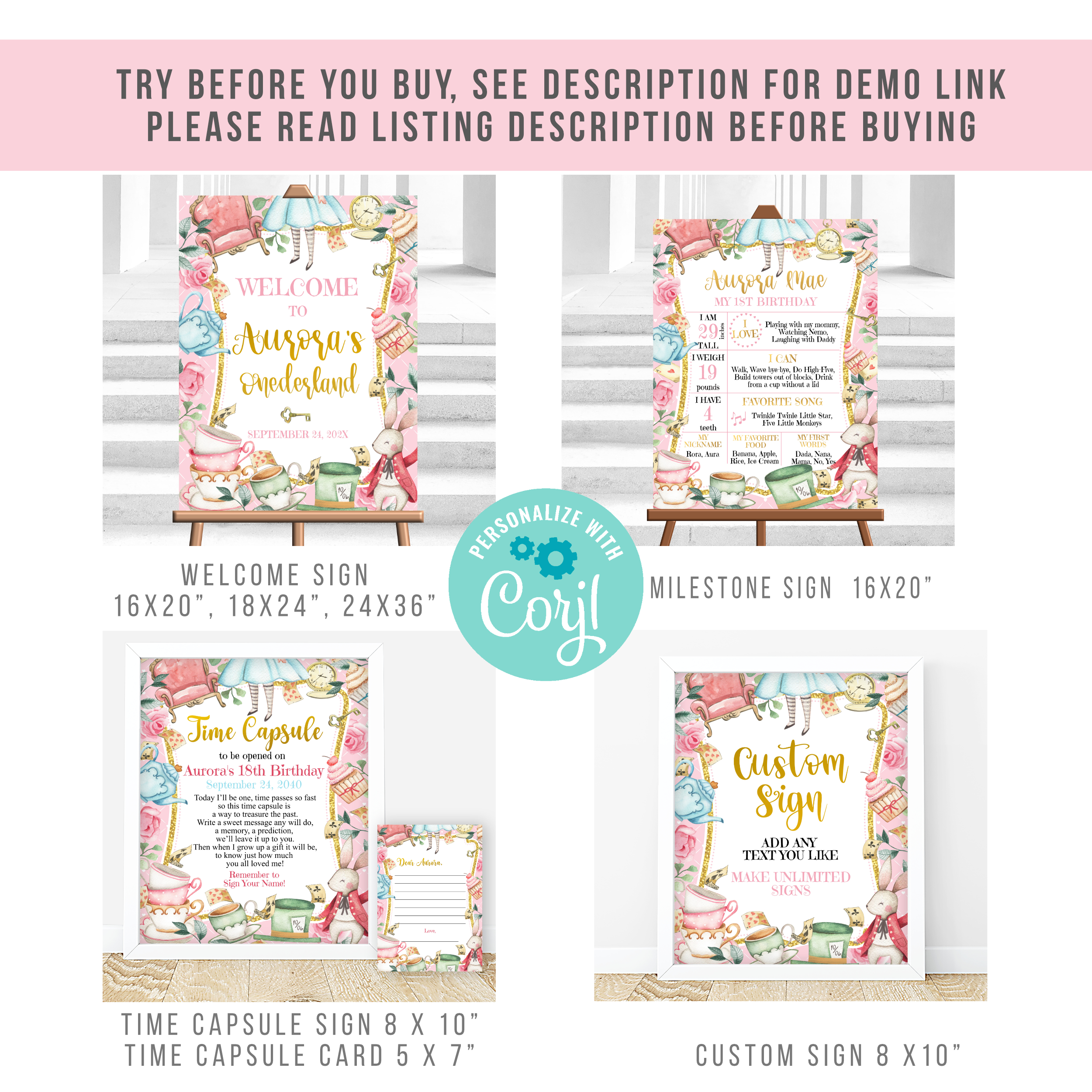 Birthday Mega Bundle Alice in Onederland Pink 1st Birthday Girl Party Invitation Bundle Pack with Editable Corjl Template – Digital Download Birthday_Wizard